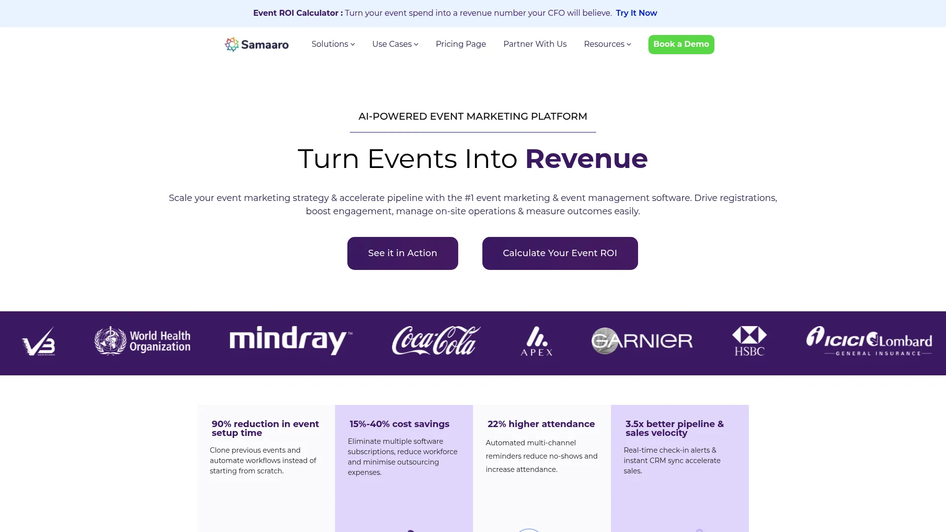 Samaaro event marketing and sponsorship platform homepage