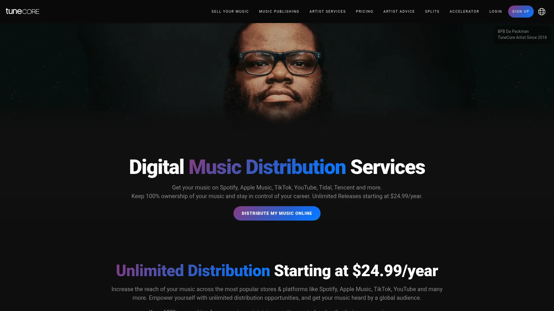 TuneCore music distribution homepage
