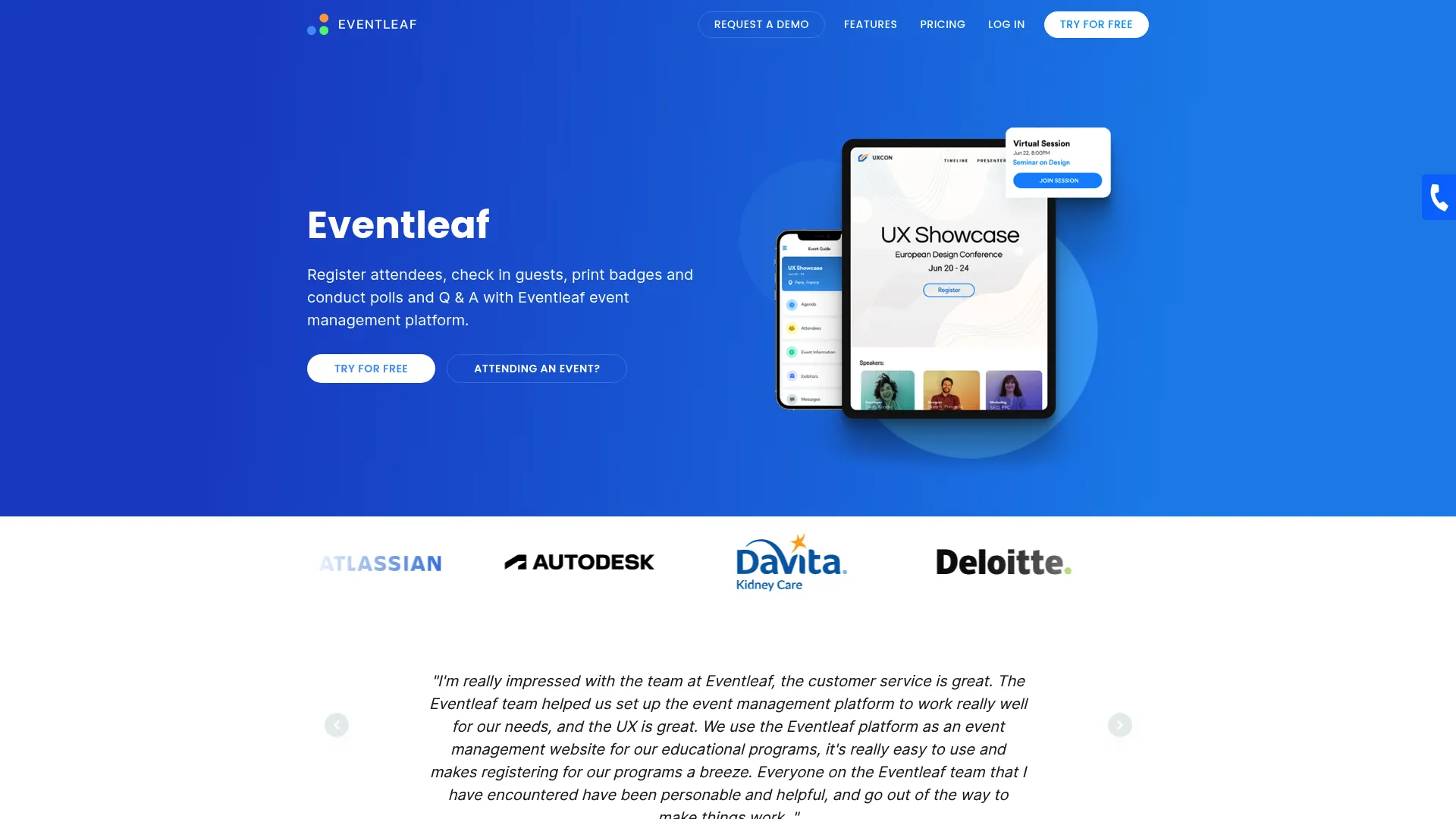 Eventleaf event management and registration software homepage