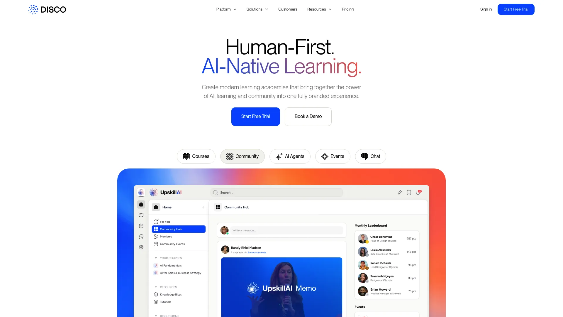 Disco homepage showing its AI-native learning community platform for branded academies