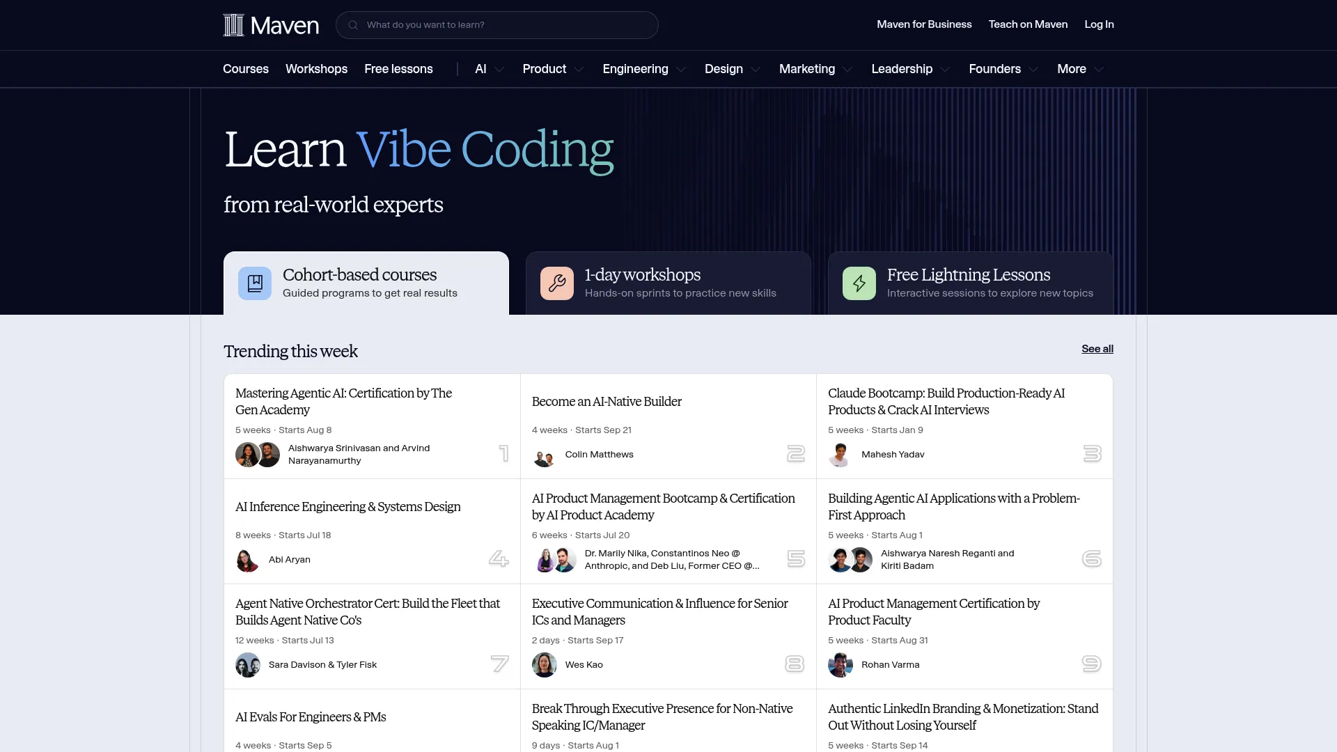 Maven homepage showing its platform for live cohort-based courses and workshops