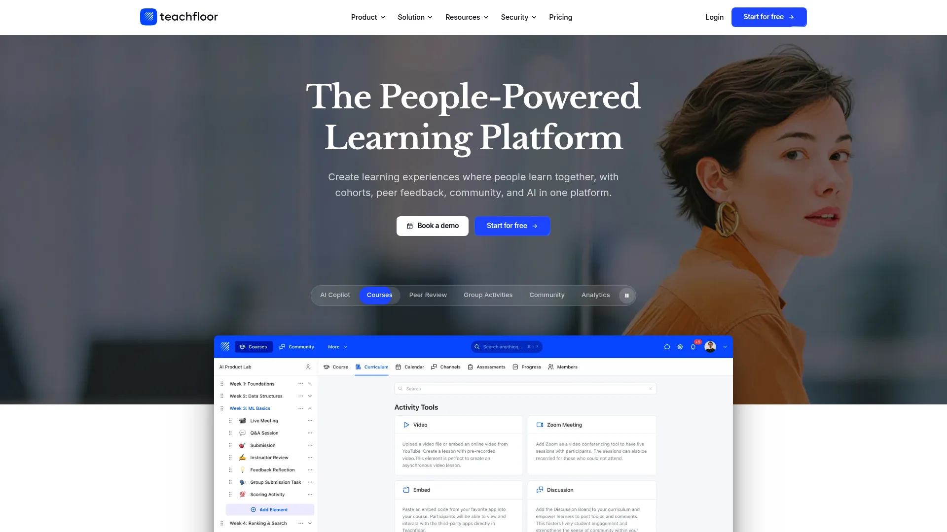 Teachfloor homepage showing its cohort-based learning platform with live sessions and peer review