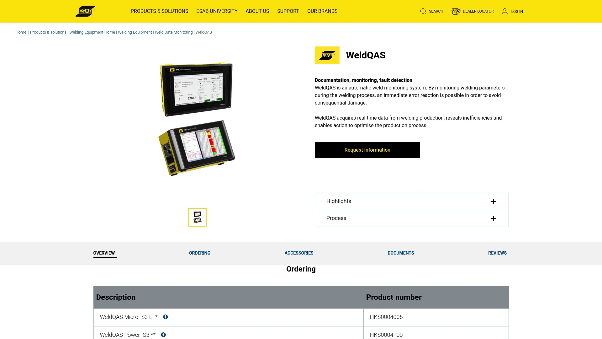 WeldQAS weld monitoring system page