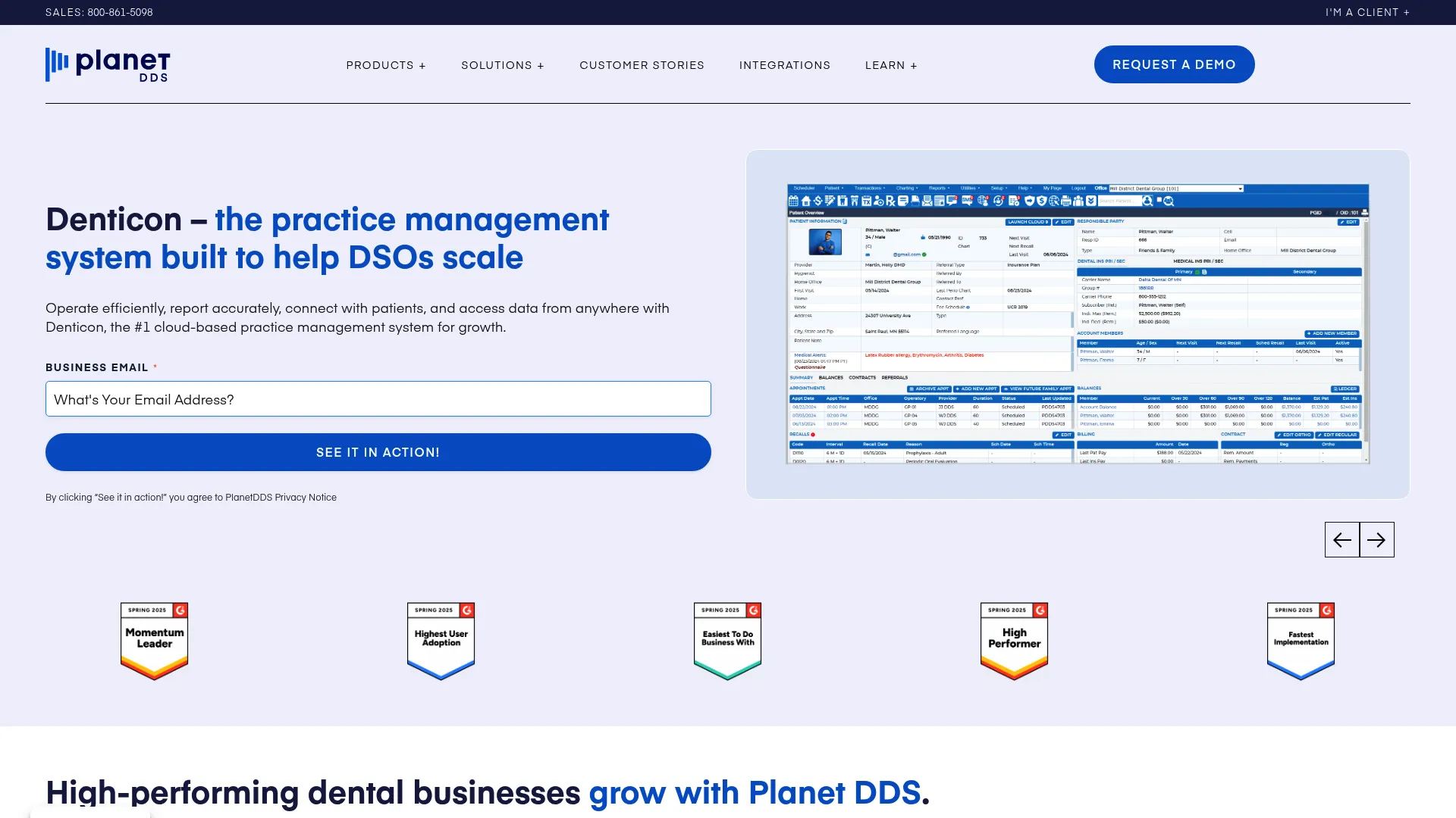 Planet DDS Denticon cloud dental practice management software homepage
