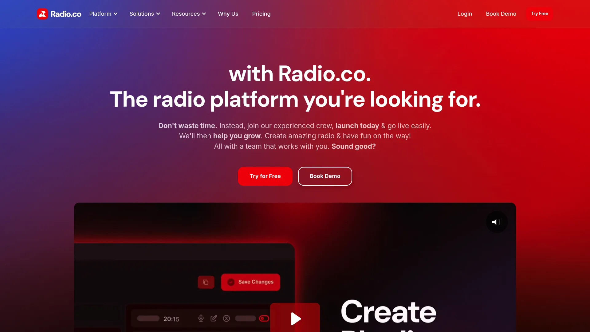 Radio.co cloud radio platform homepage