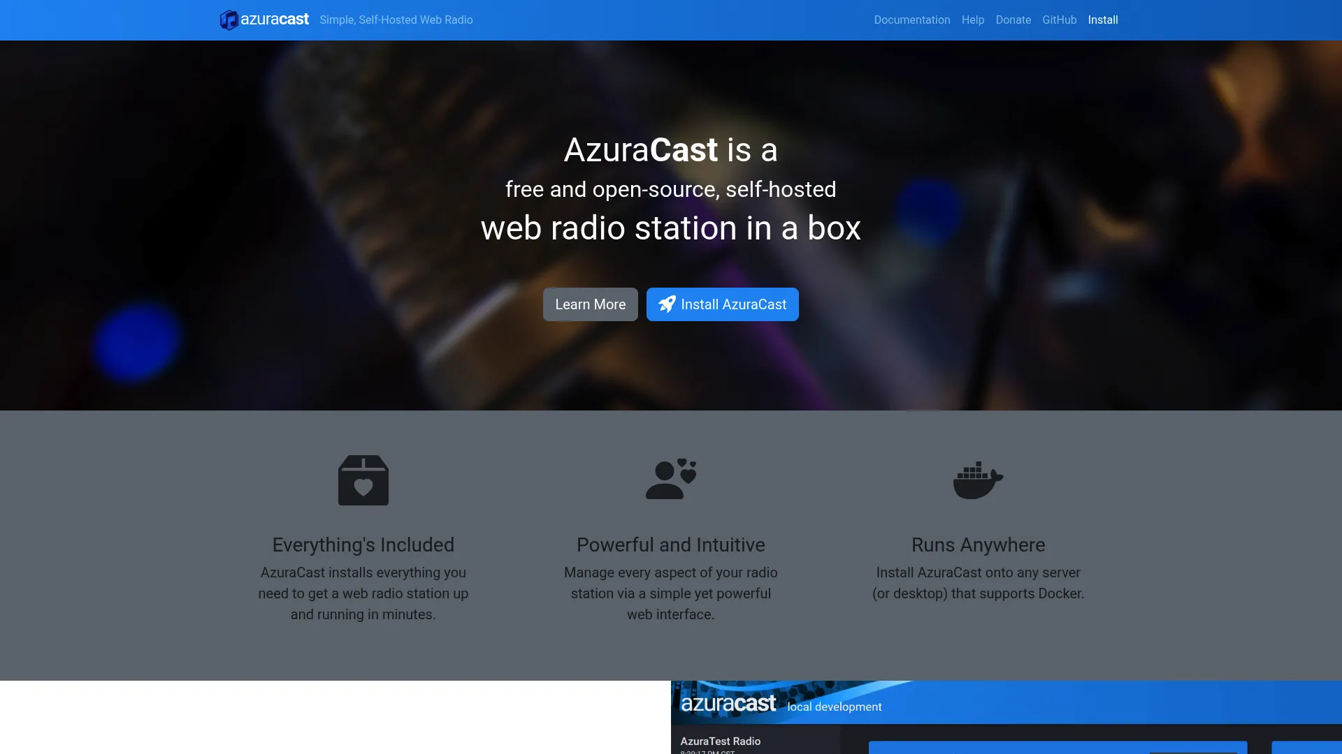 AzuraCast self-hosted web radio software homepage