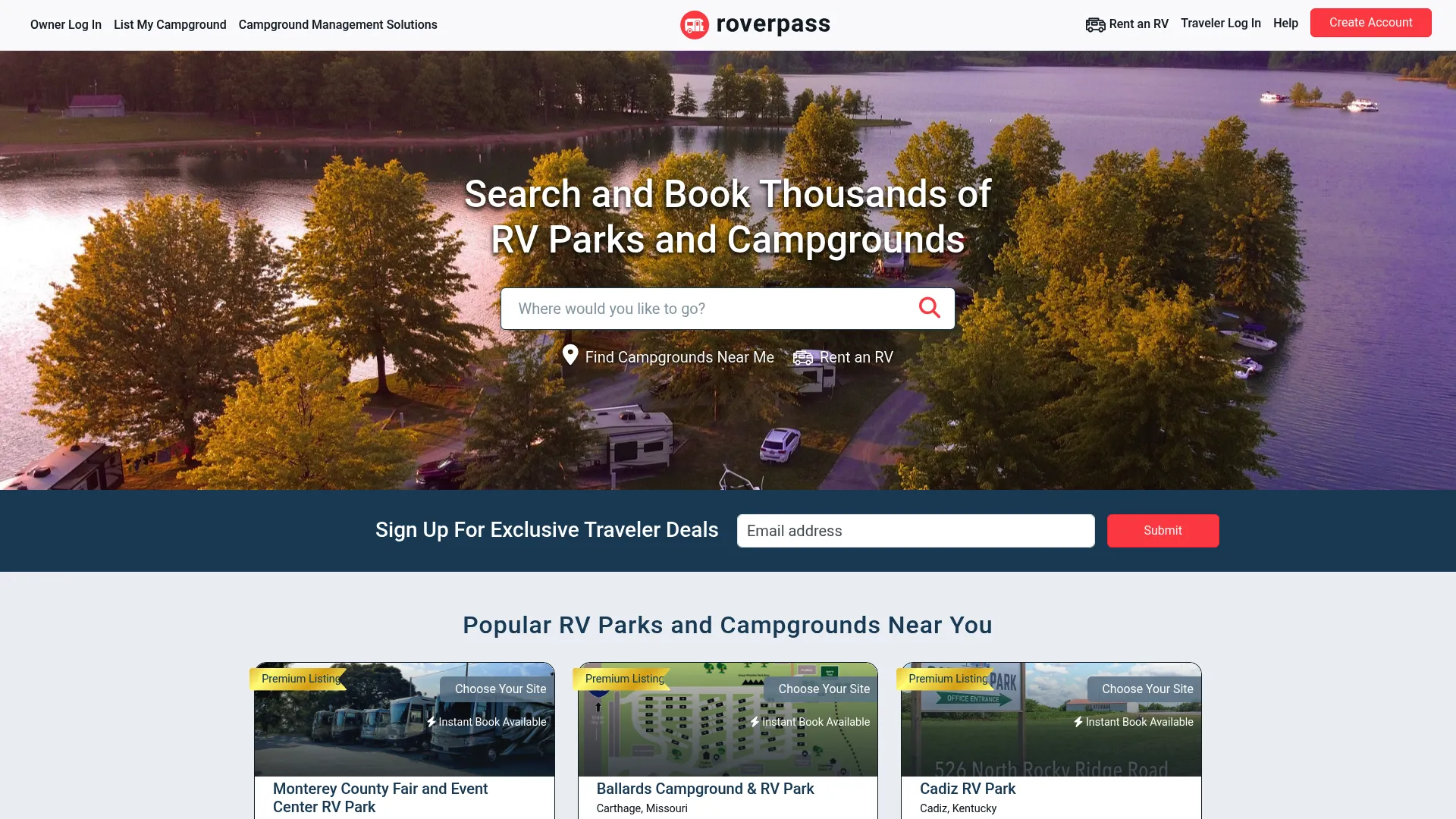 RoverPass campground booking software homepage