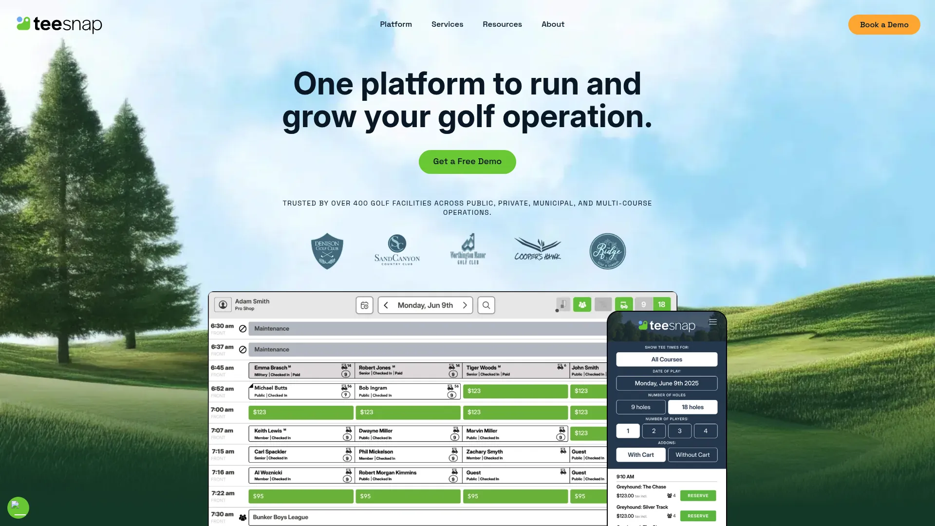 Teesnap golf management platform homepage