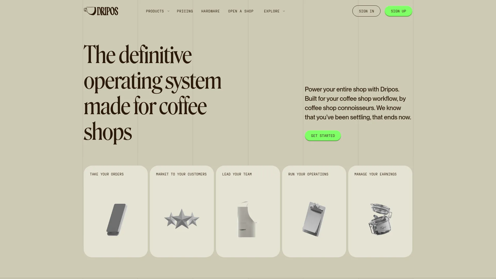 Dripos coffee shop POS and operations platform homepage