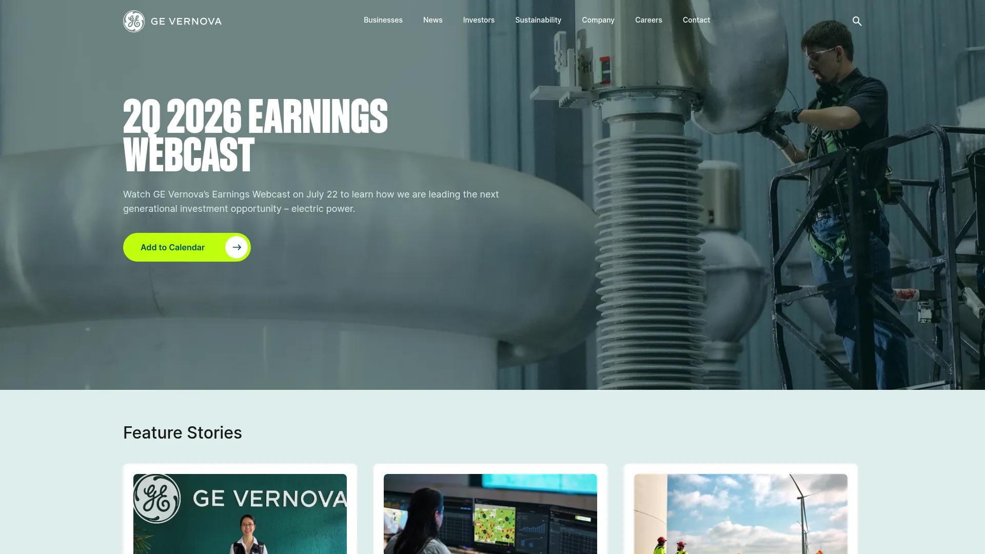 GE Vernova homepage showing its industrial and utility software portfolio
