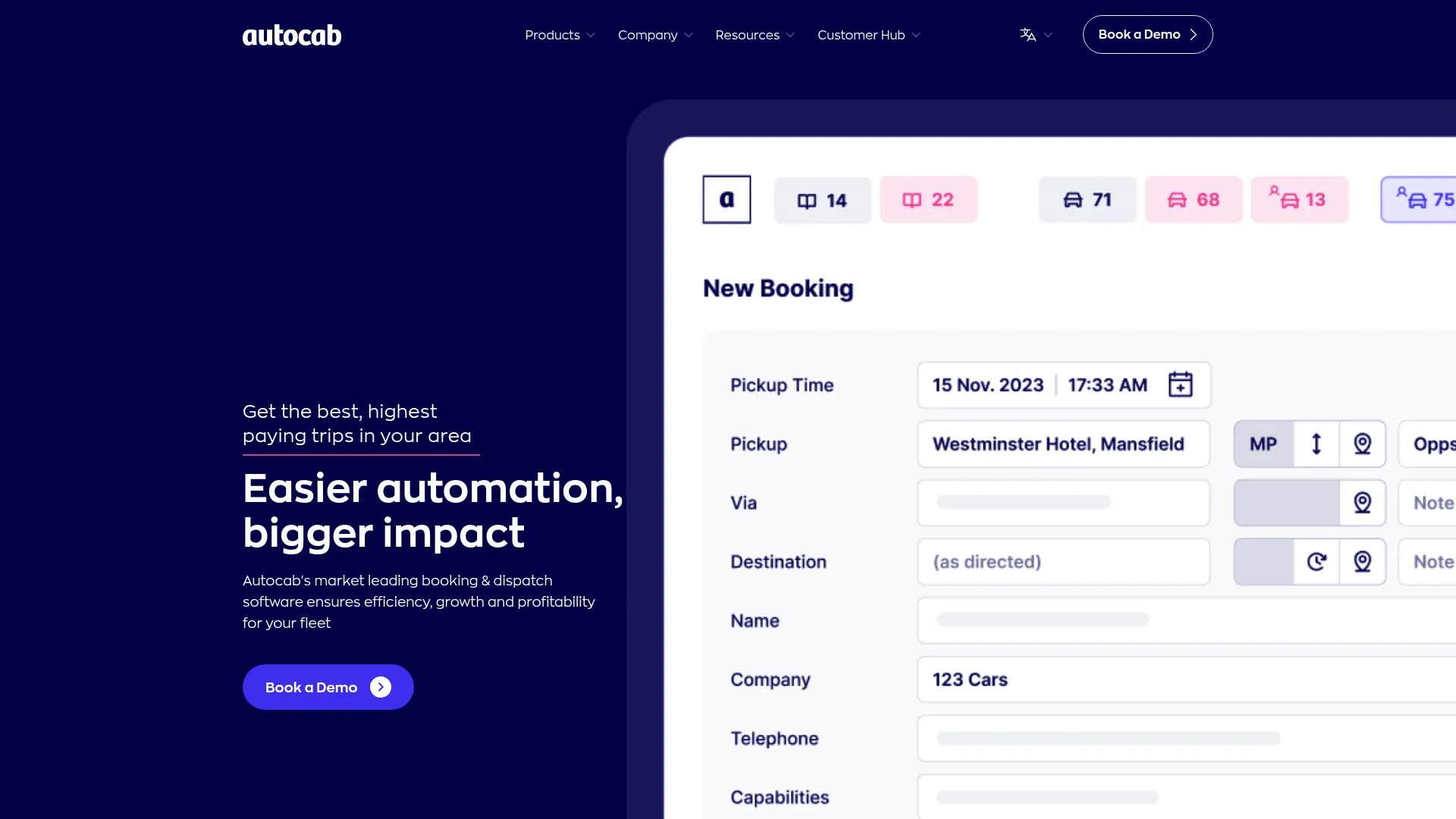 Autocab booking and dispatch platform homepage
