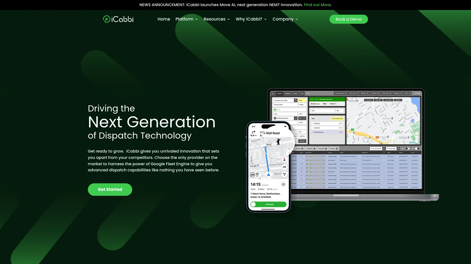 iCabbi taxi dispatch platform homepage