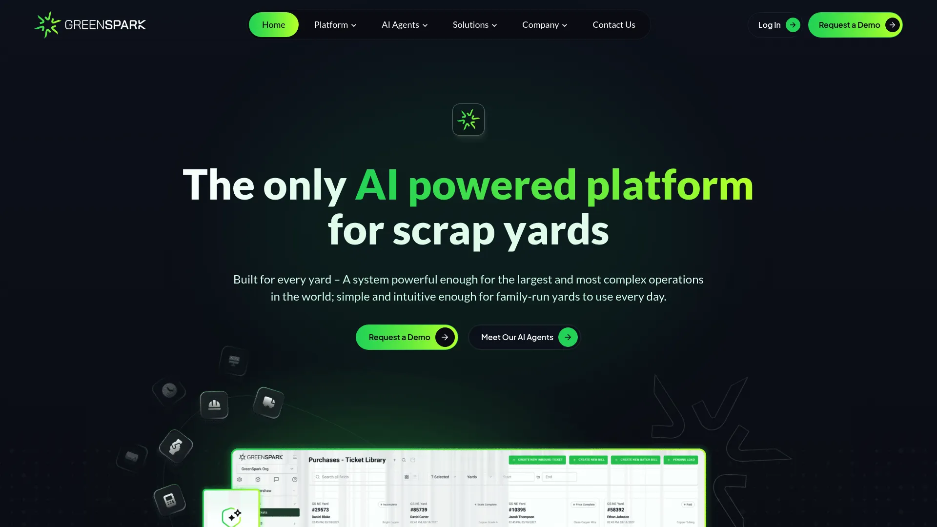 GreenSpark AI-powered scrap yard and recycling operations software homepage