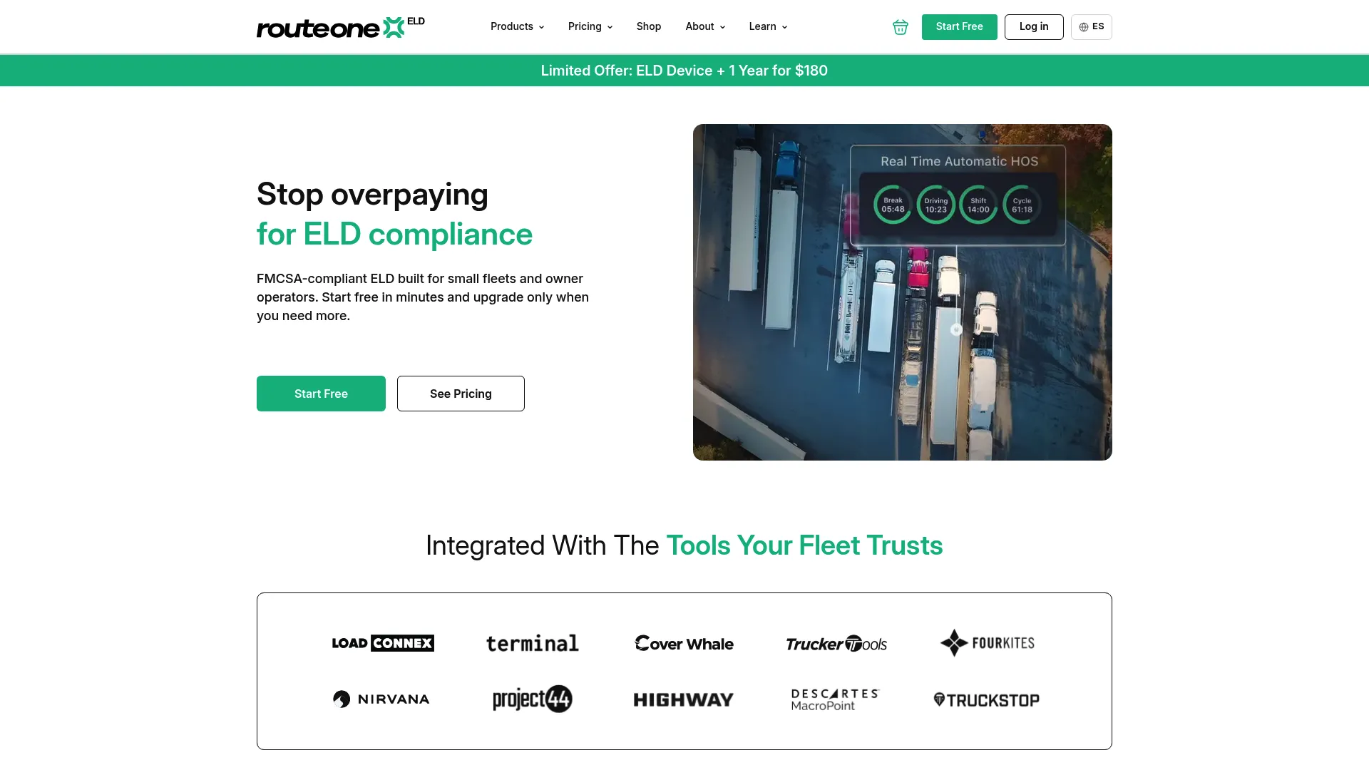 Route One ELD compliance and logbook platform homepage
