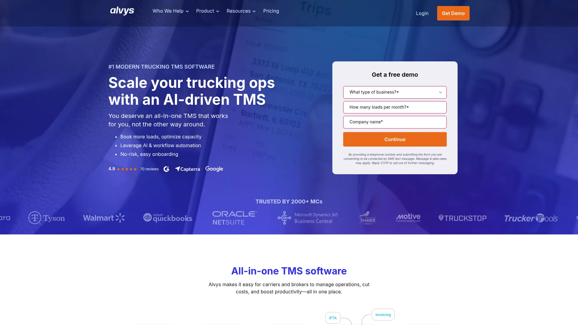 Alvys cloud TMS dashboard for freight operations