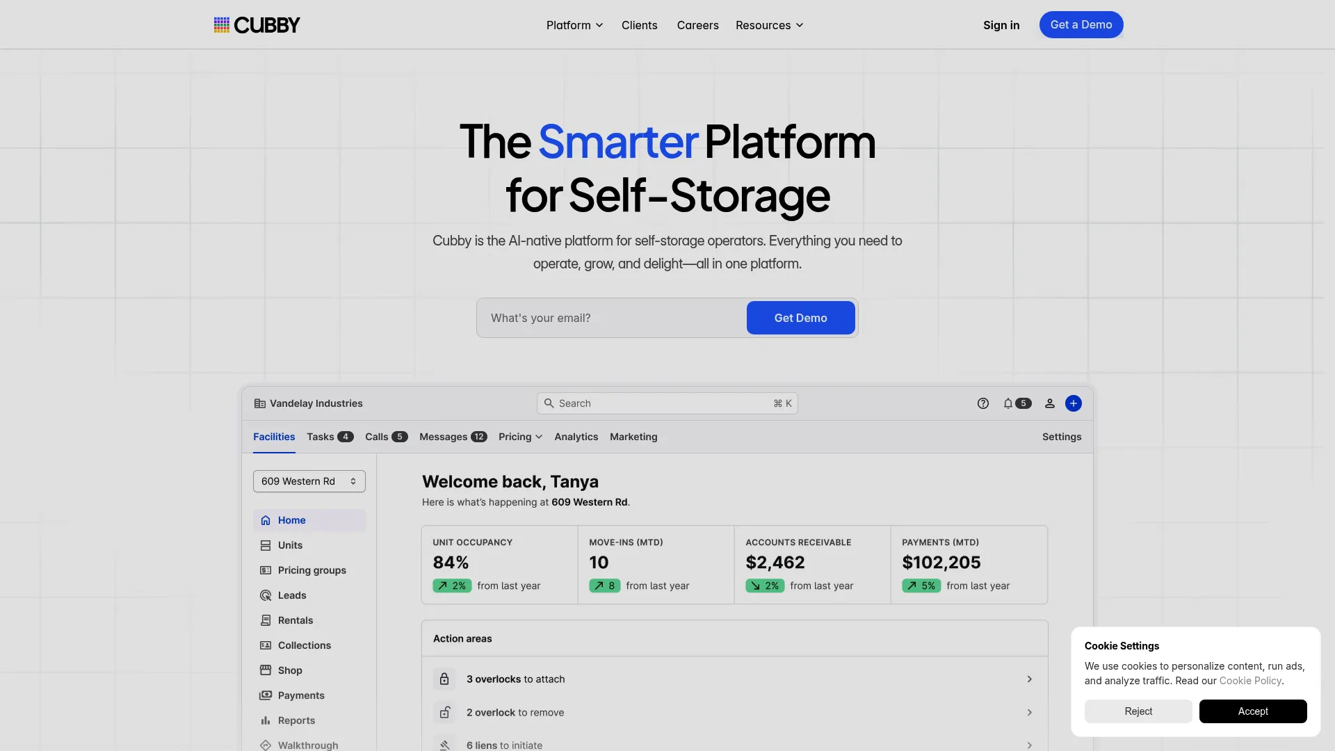 Cubby self-storage software homepage