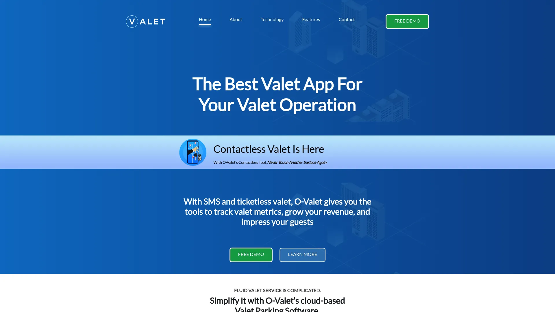 O-Valet valet parking software homepage
