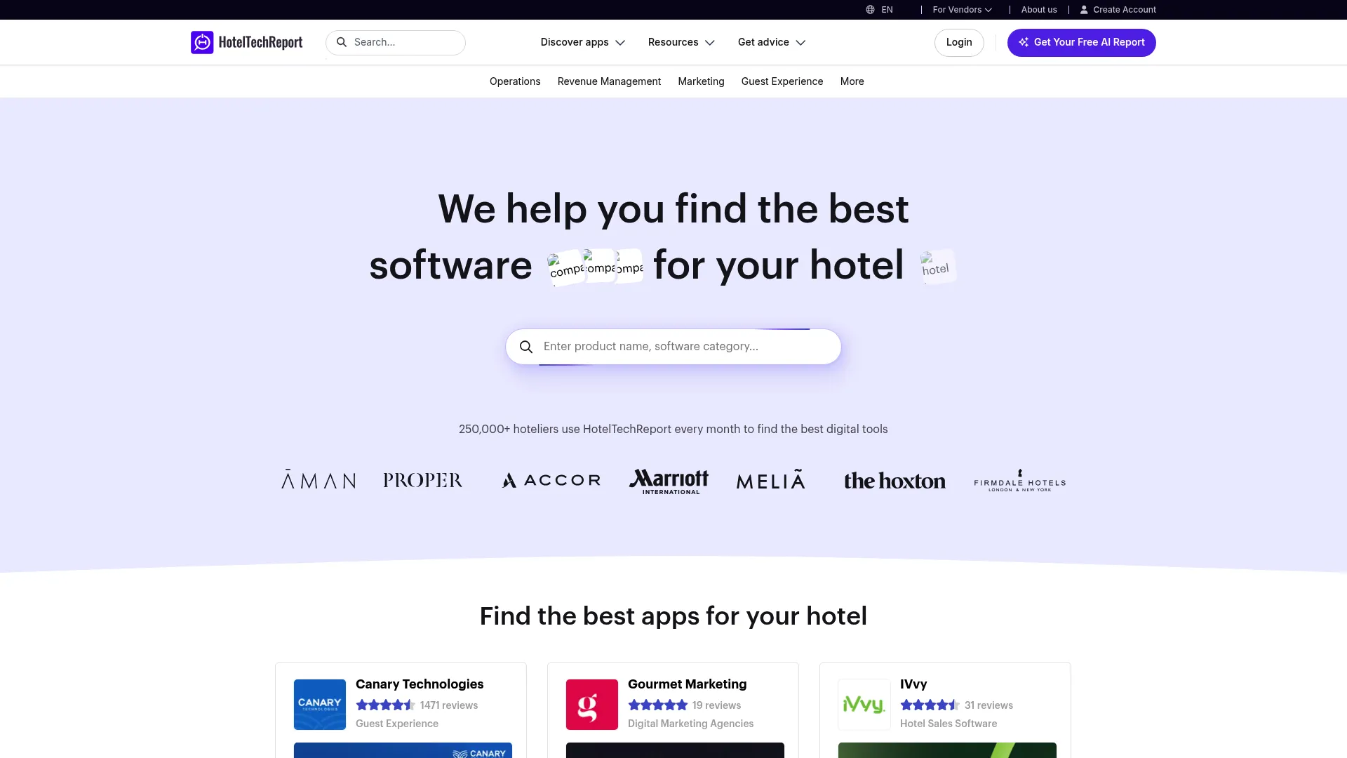 HotelTechReport hotel software research platform homepage