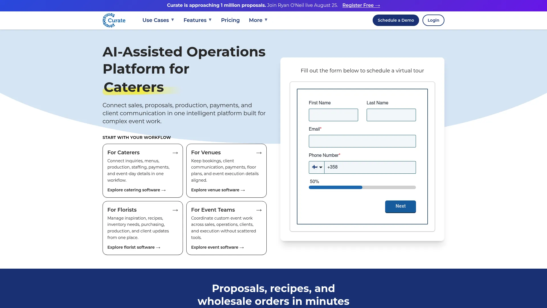 Curate event and florist software homepage