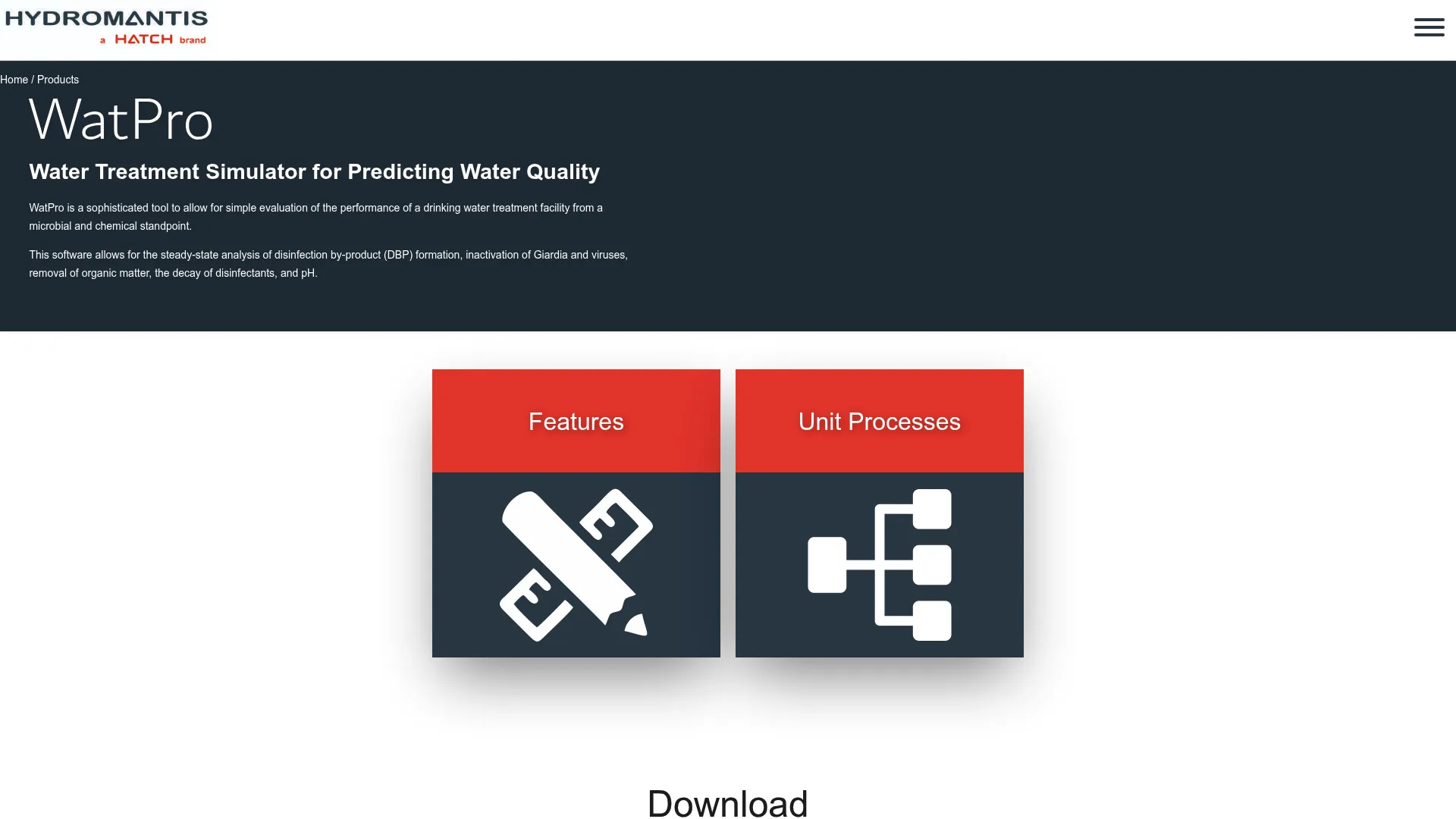 WatPro water treatment simulation software page on the Hydromantis website