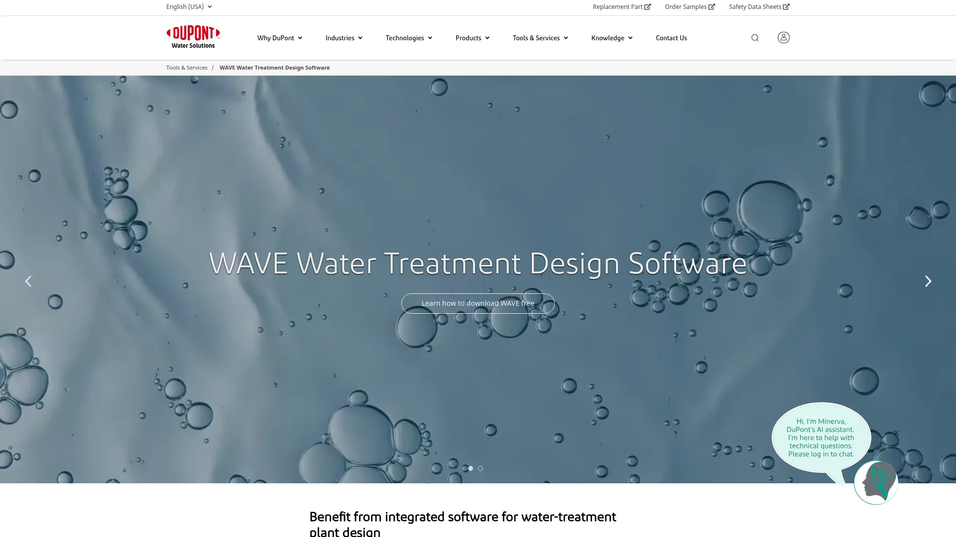 WAVE water treatment design software page on the DuPont website