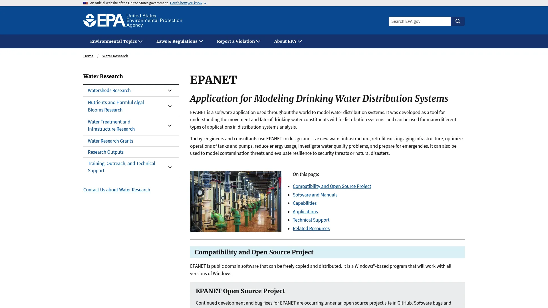 EPANET water distribution modeling software page on the EPA website