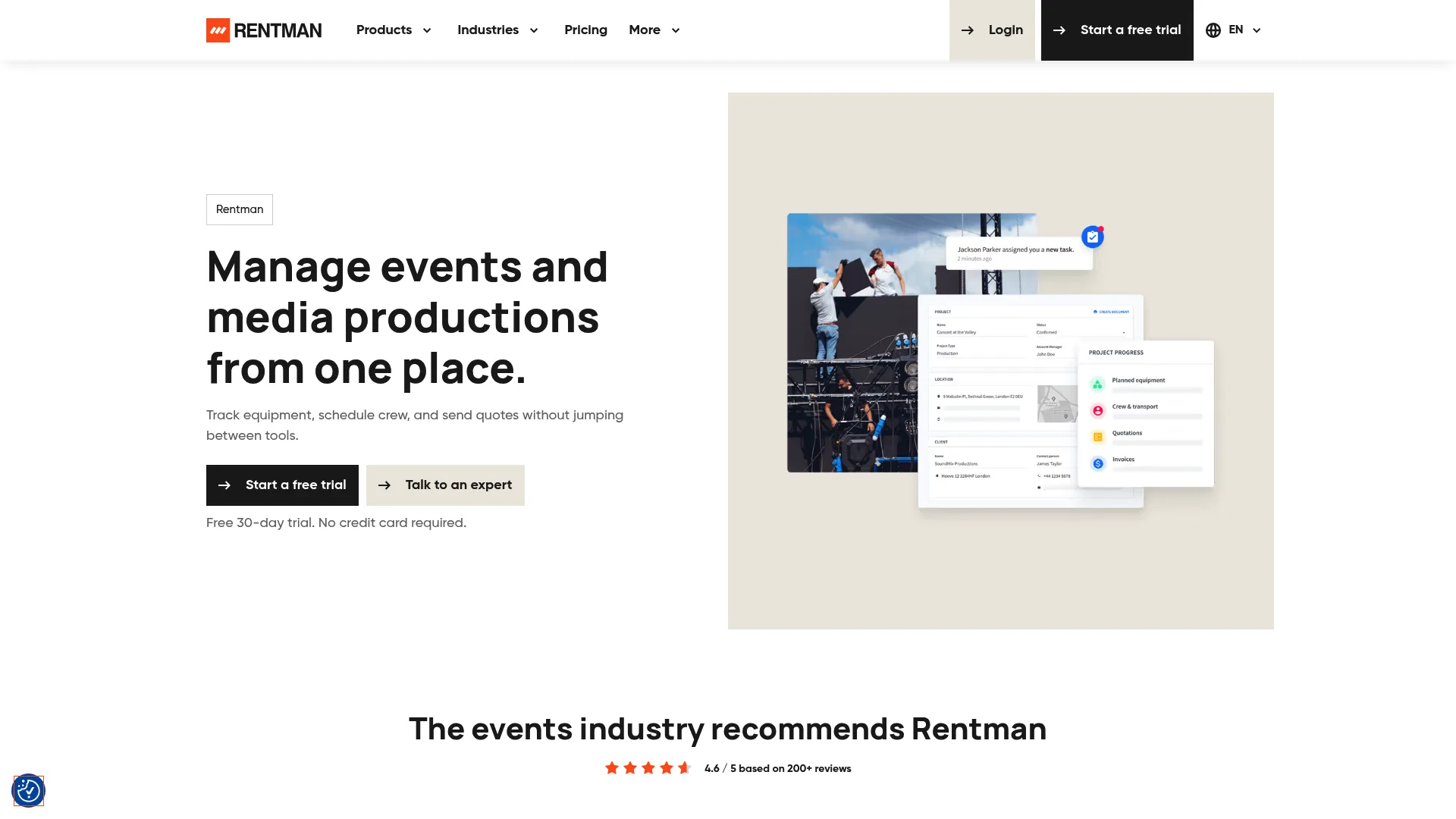 Rentman rental software dashboard