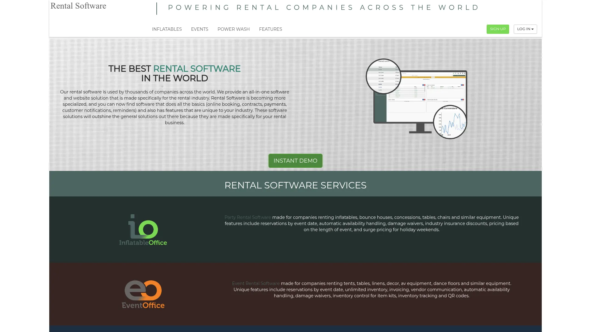 Rental Software homepage showing cloud rental management platform