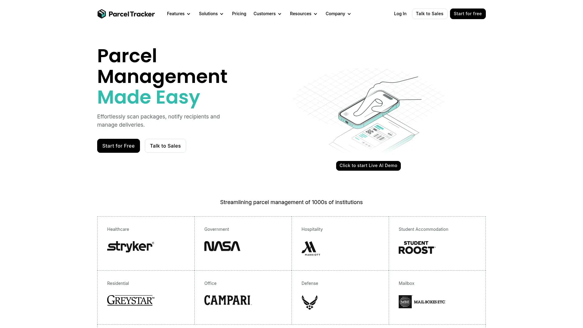 Parcel Tracker mailroom software homepage