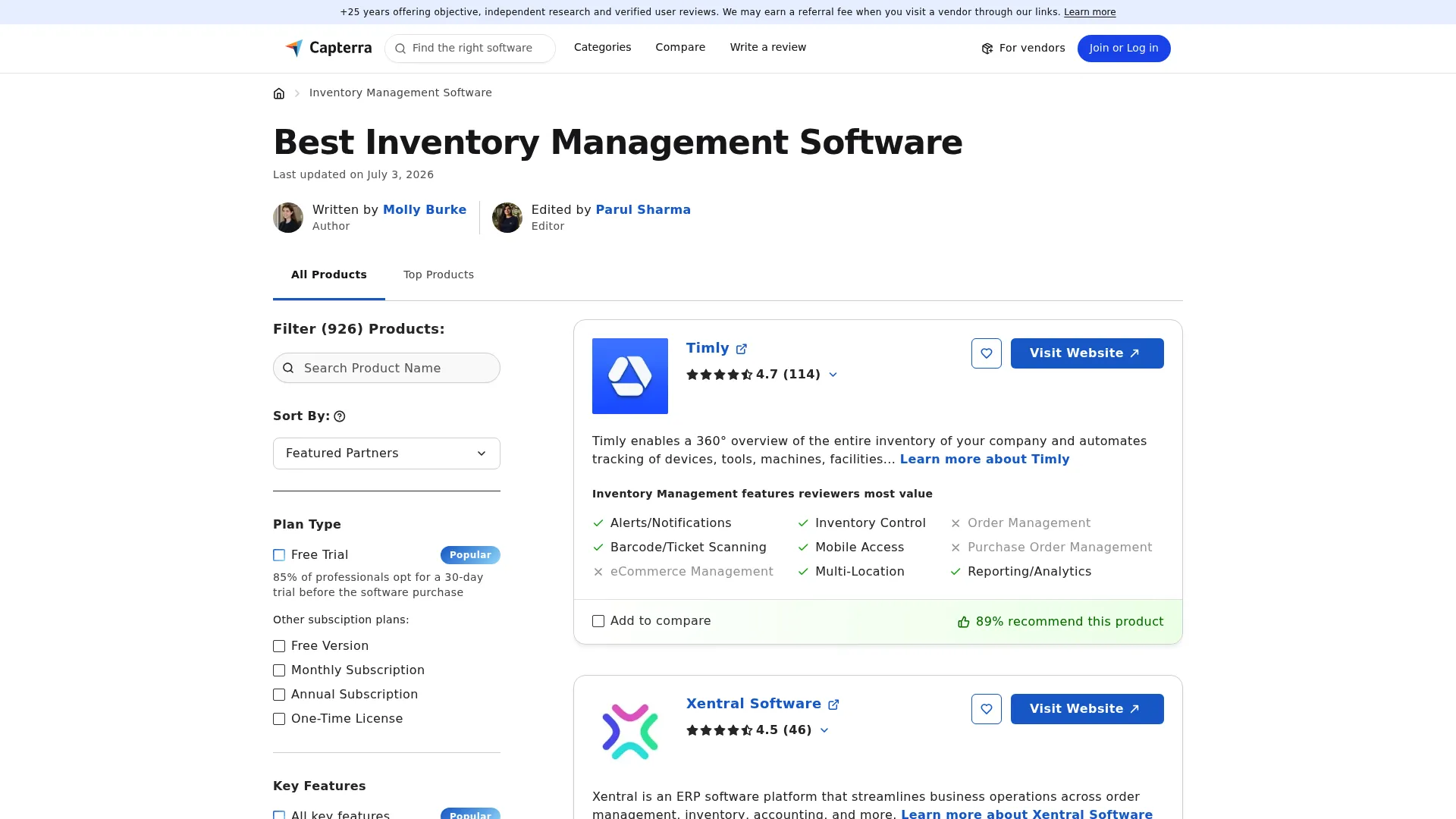 Capterra inventory management software category page