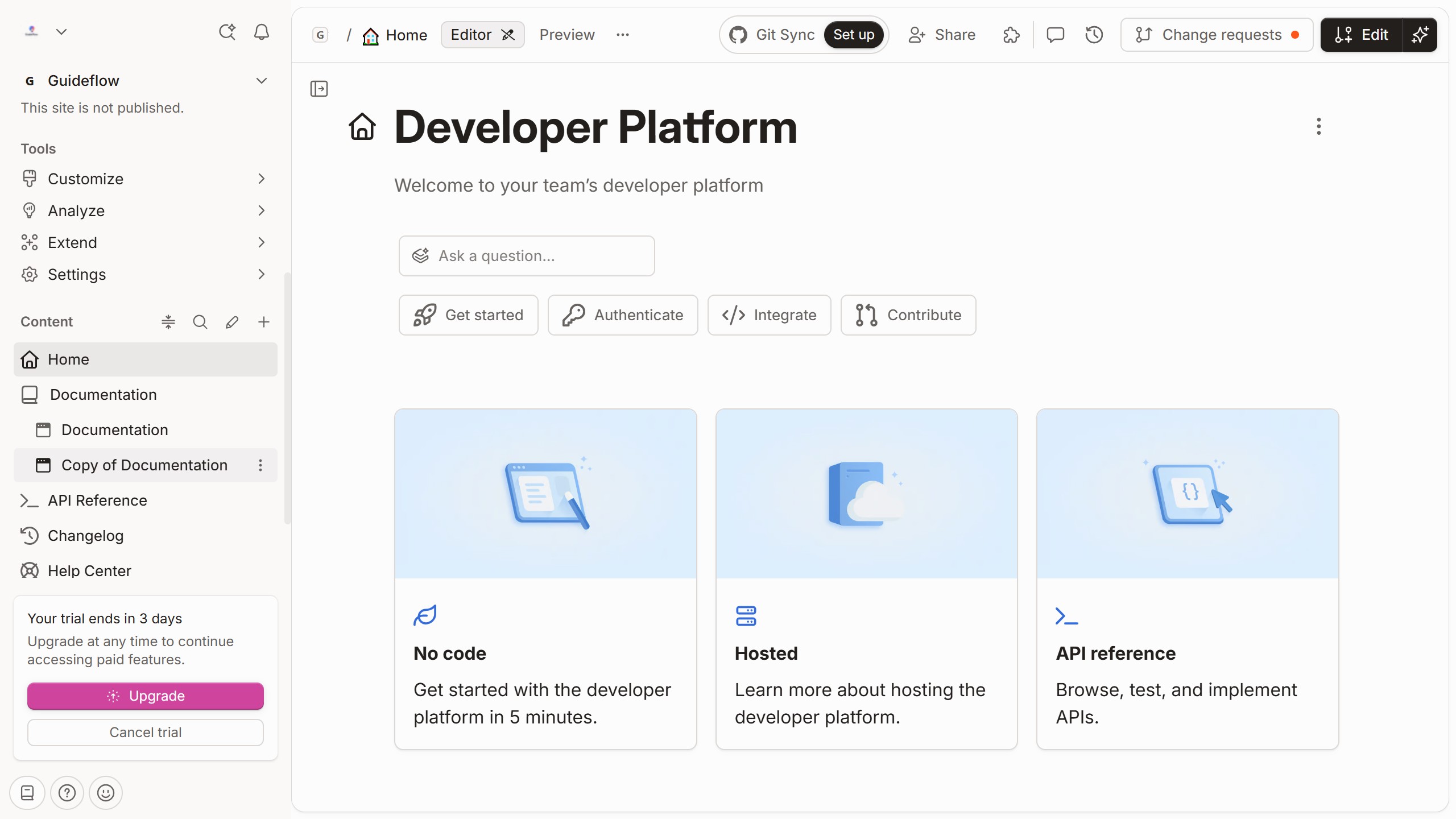 How to show page actions of a content in a docs site in GitBook