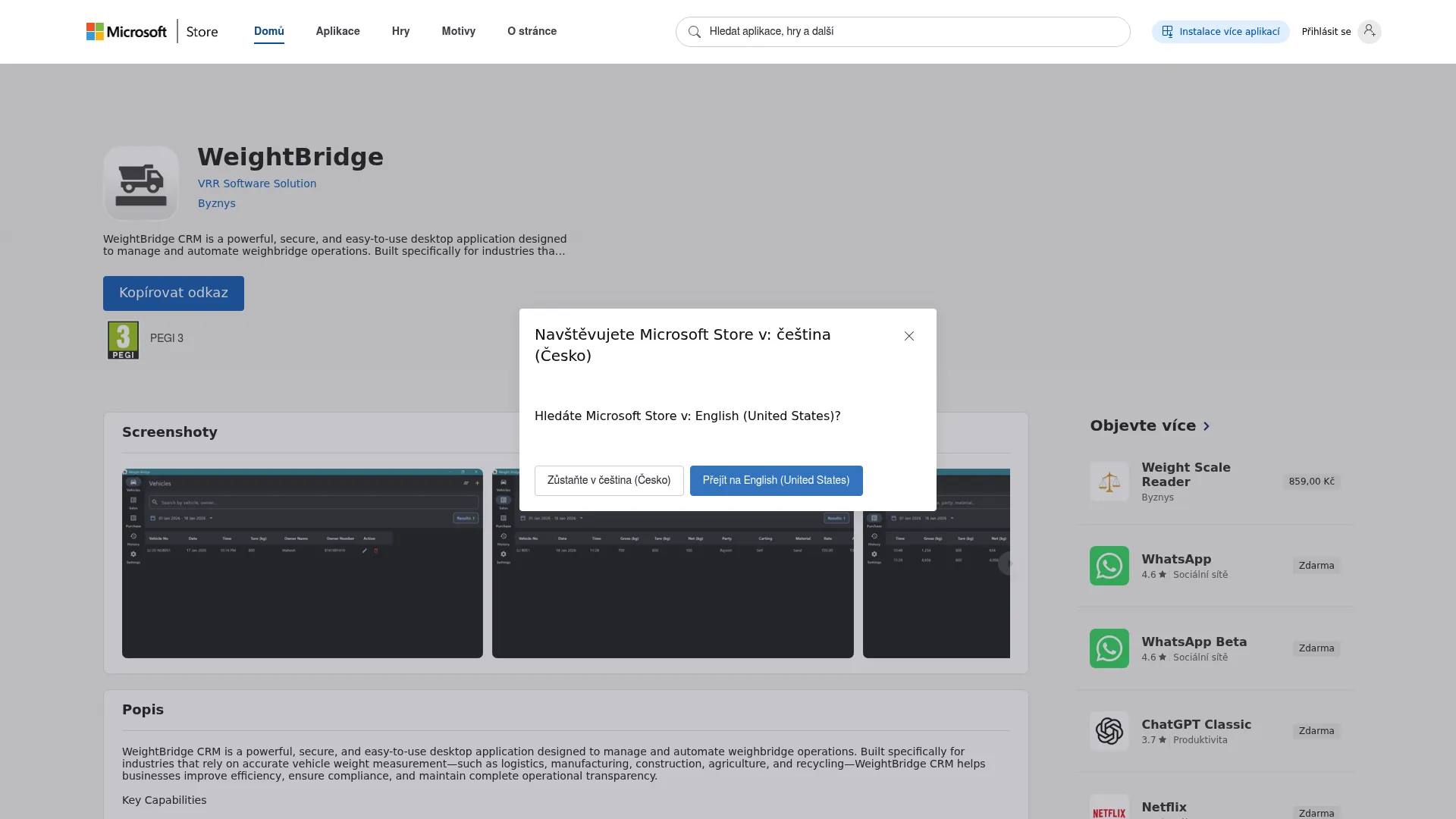 WeightBridge app listing on the Microsoft Store