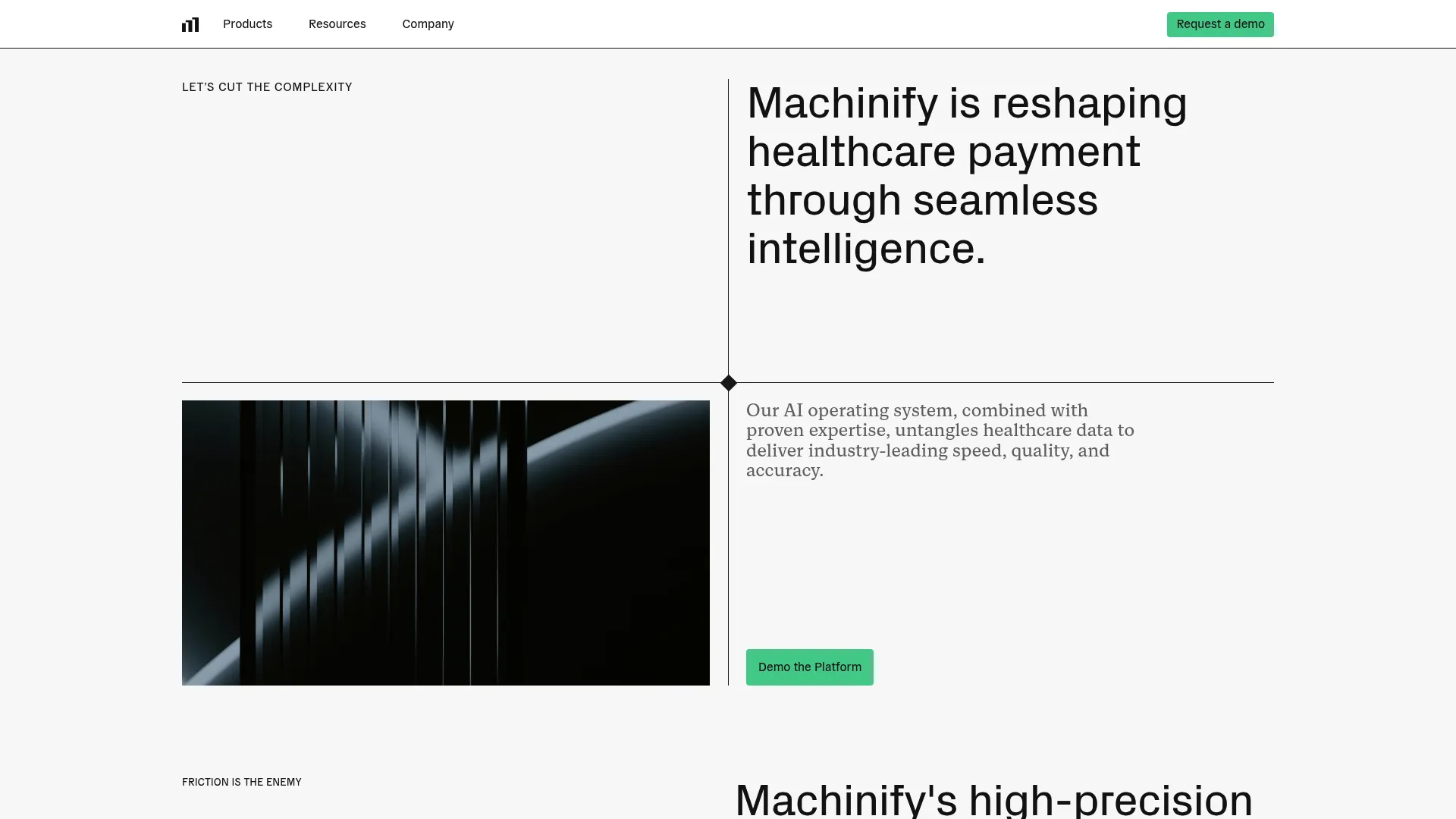 Machinify homepage showing AI healthcare payment integrity platform