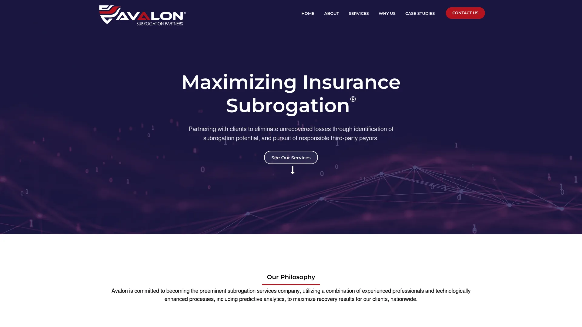 Avalon Subrogation homepage showing subrogation recovery services and SubroAI