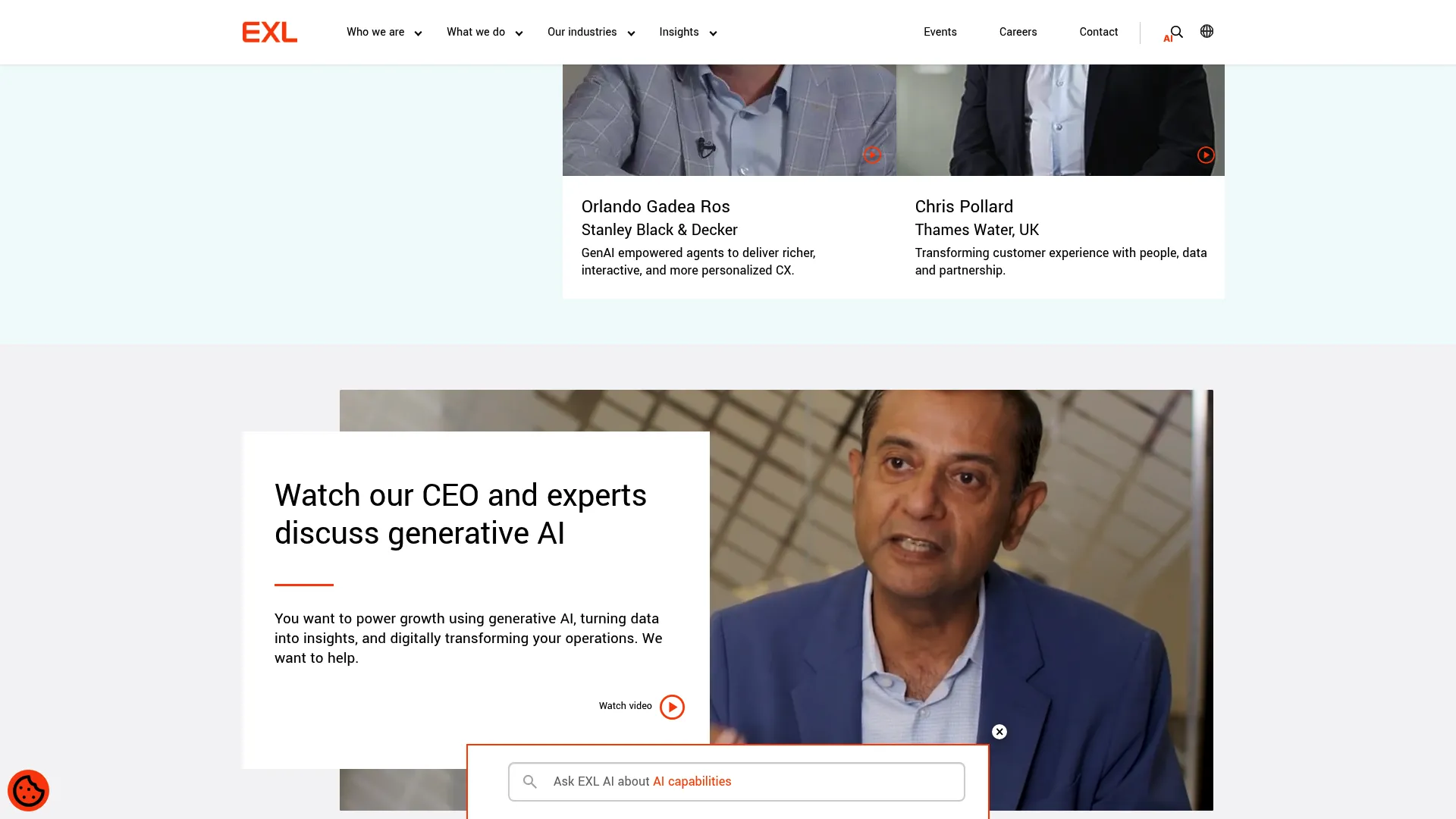 EXL homepage showing data and AI services for enterprises