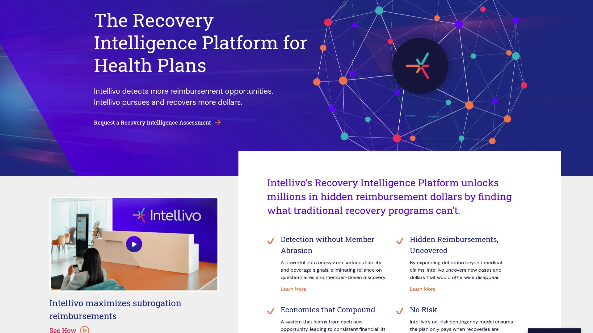 Intellivo homepage showing recovery intelligence for health plans