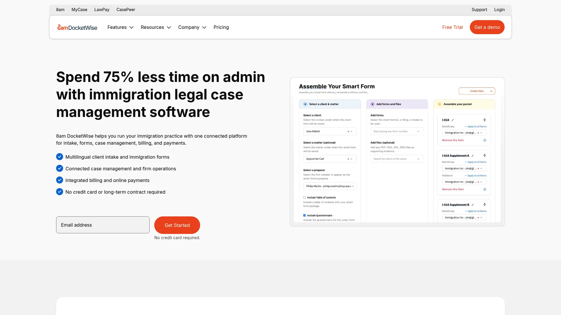 DocketWise immigration law software homepage