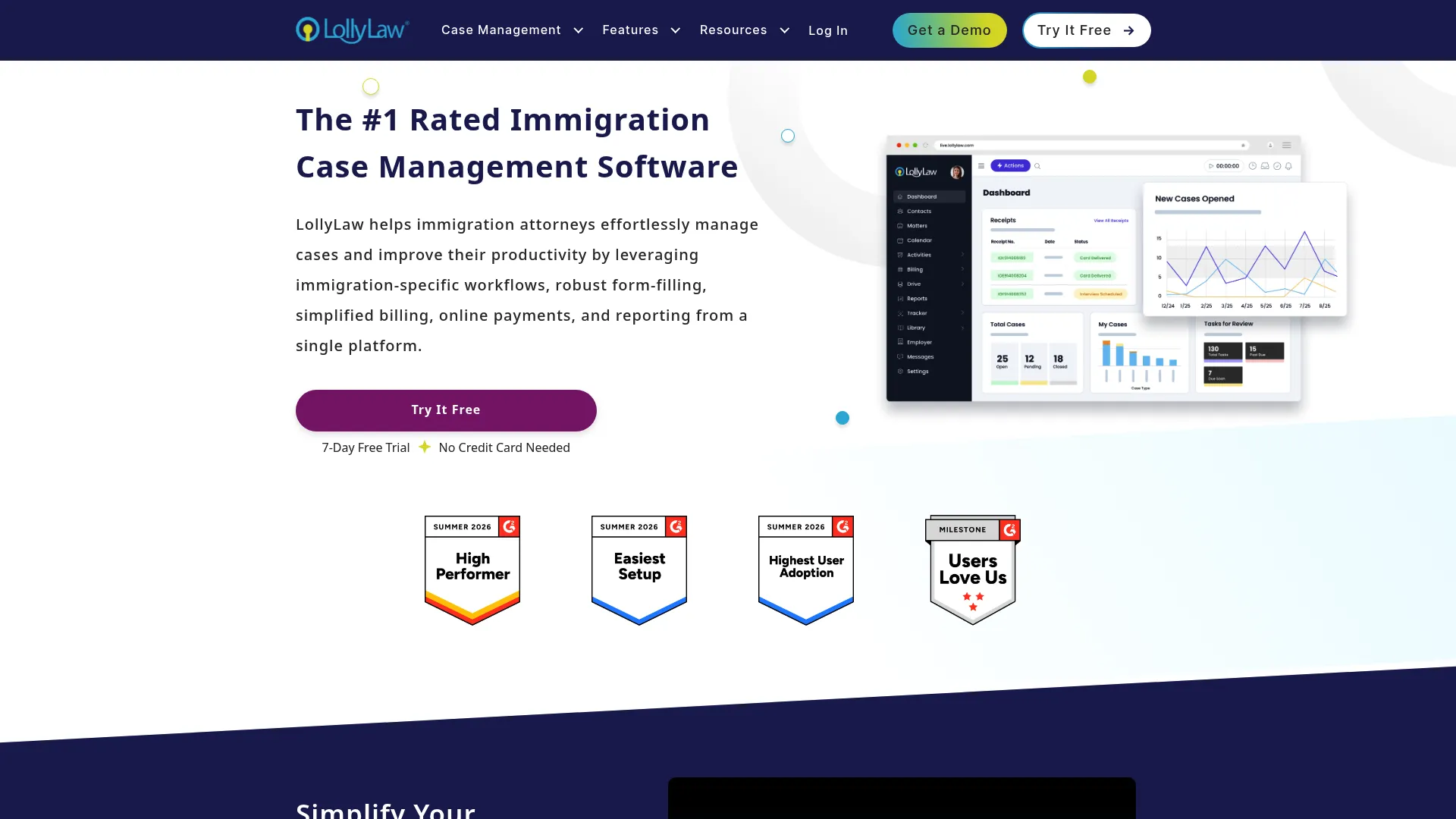 LollyLaw immigration case management software homepage