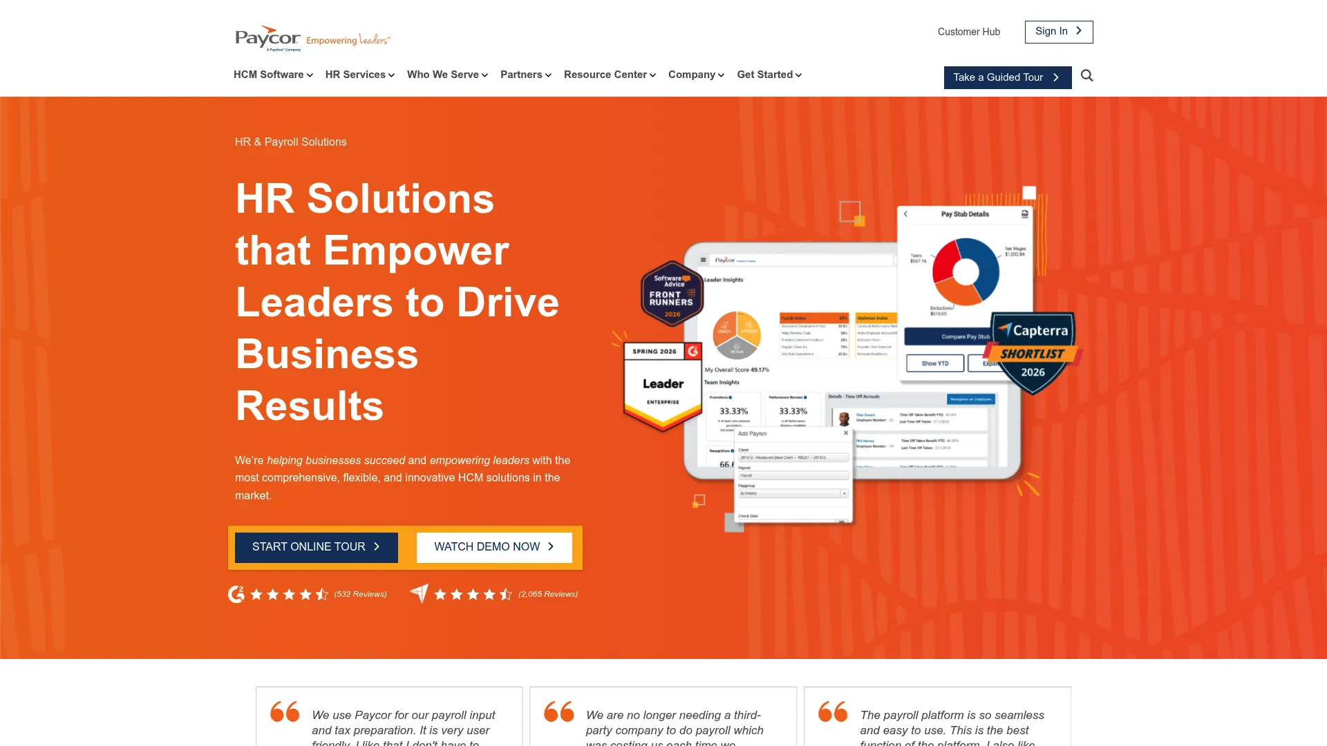 Paycor HCM and payroll platform homepage