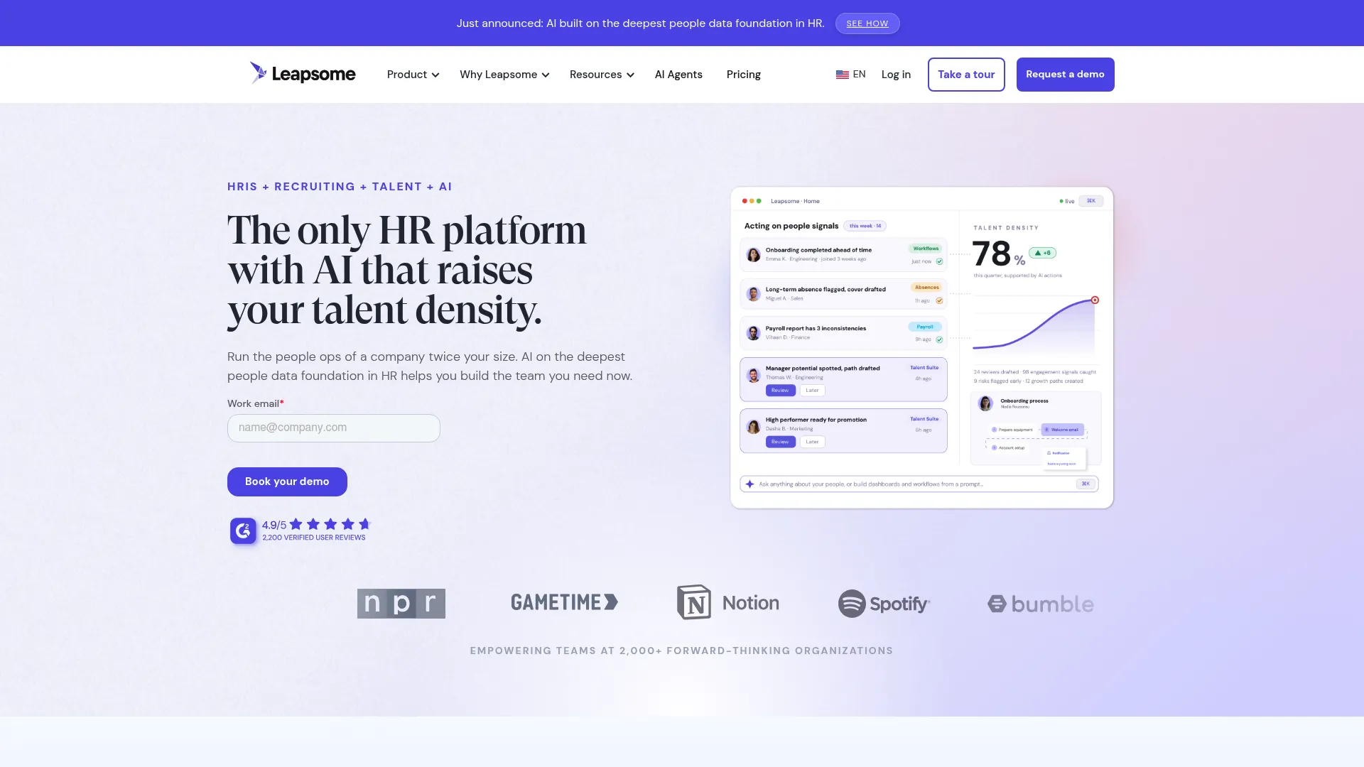 Leapsome HR and talent platform homepage