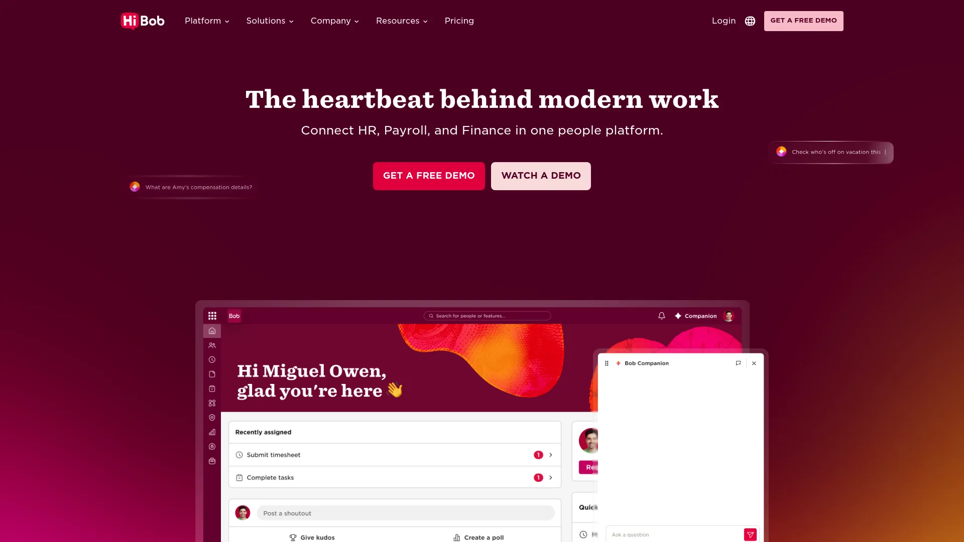 HiBob HR platform homepage
