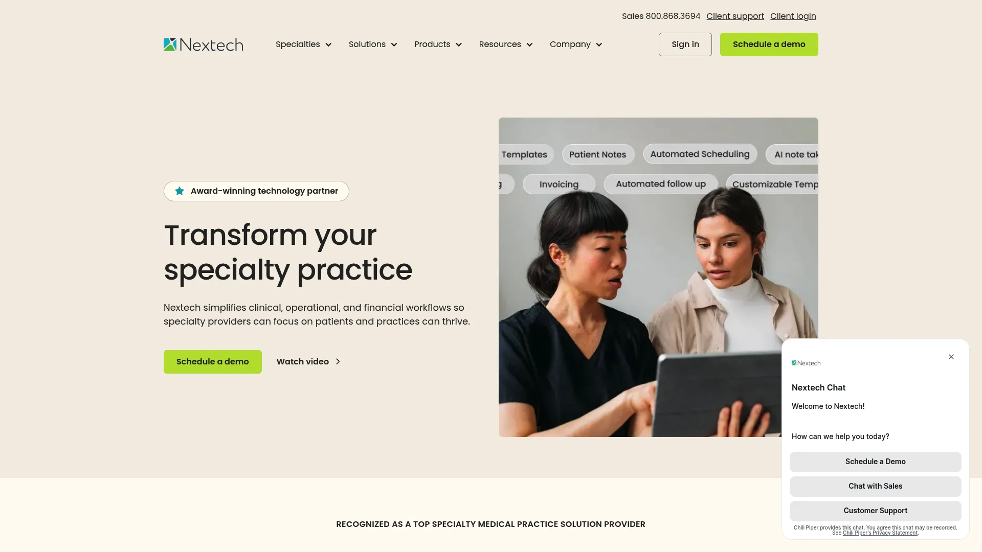 Nextech specialty EHR homepage