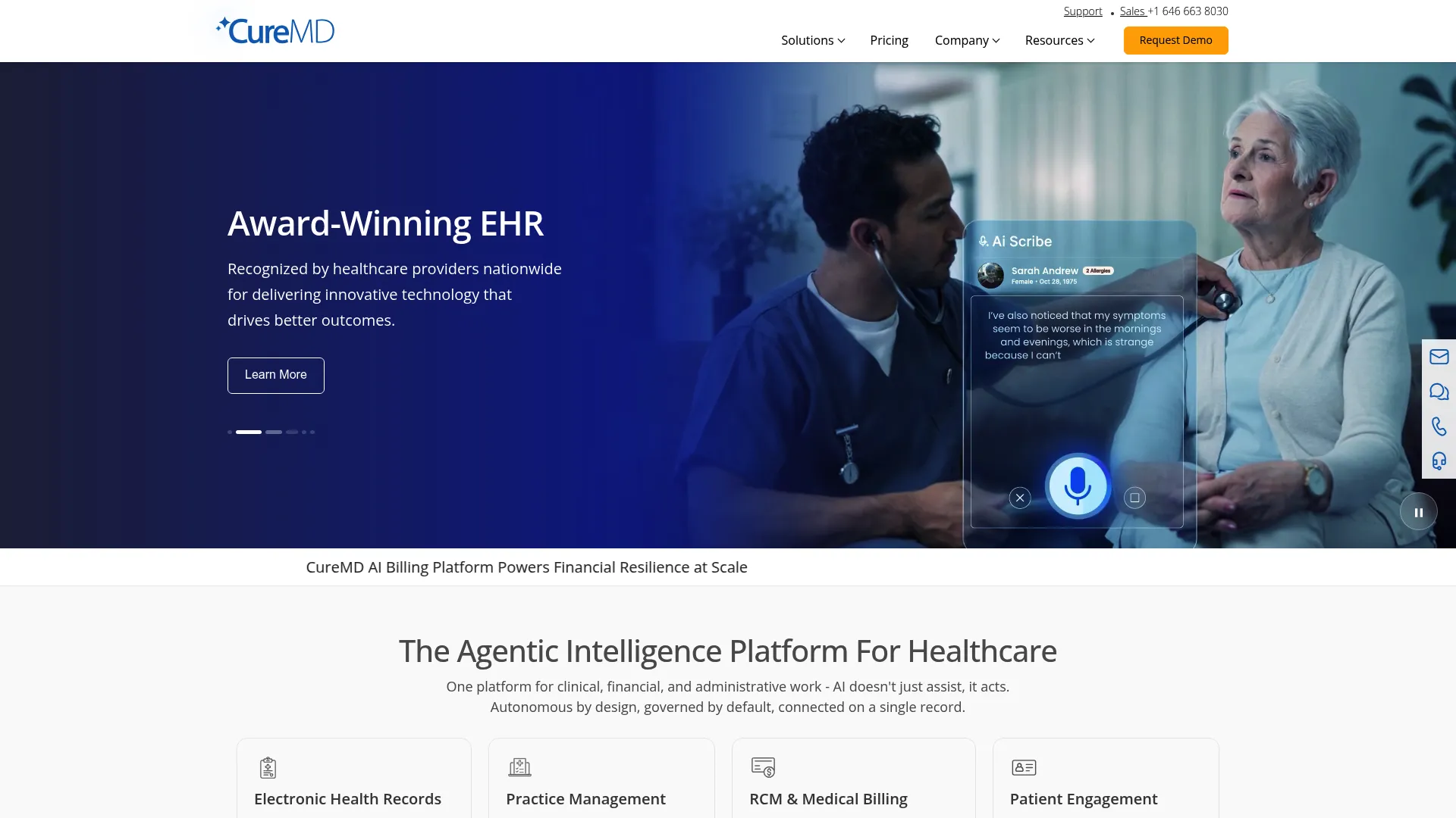 CureMD podiatry EHR and revenue cycle management software homepage