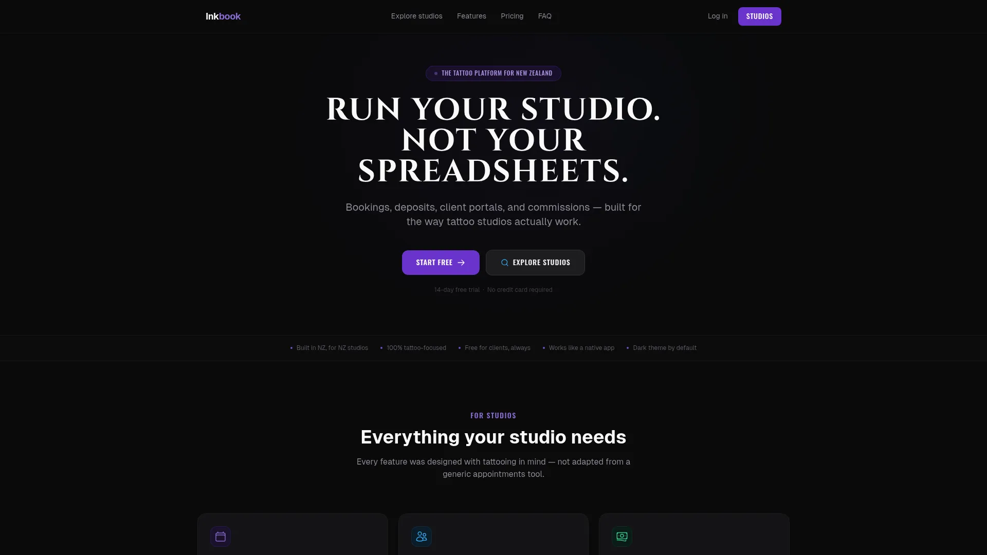 Inkbook tattoo studio management software homepage