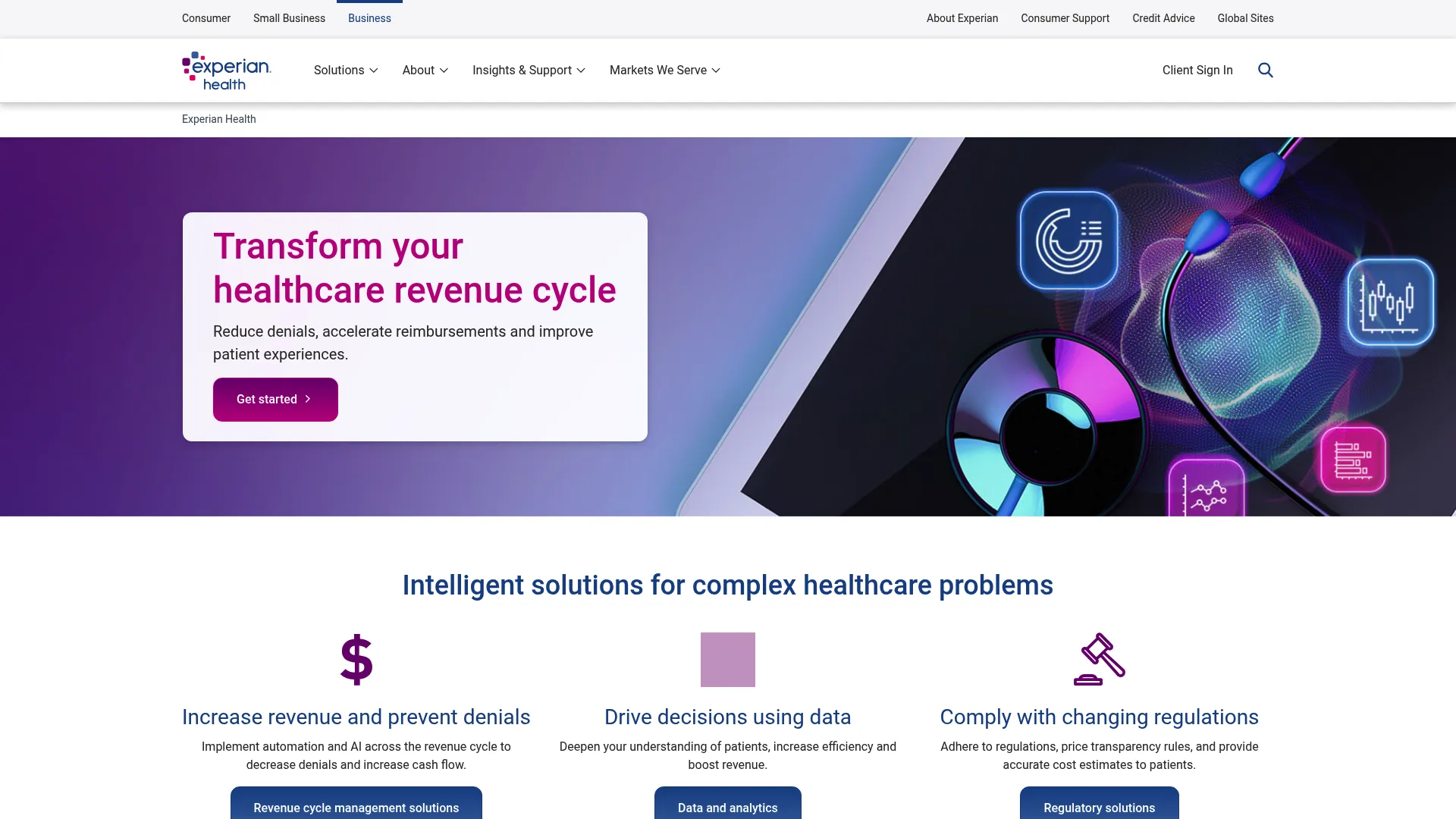 Experian Health revenue cycle and patient access platform homepage