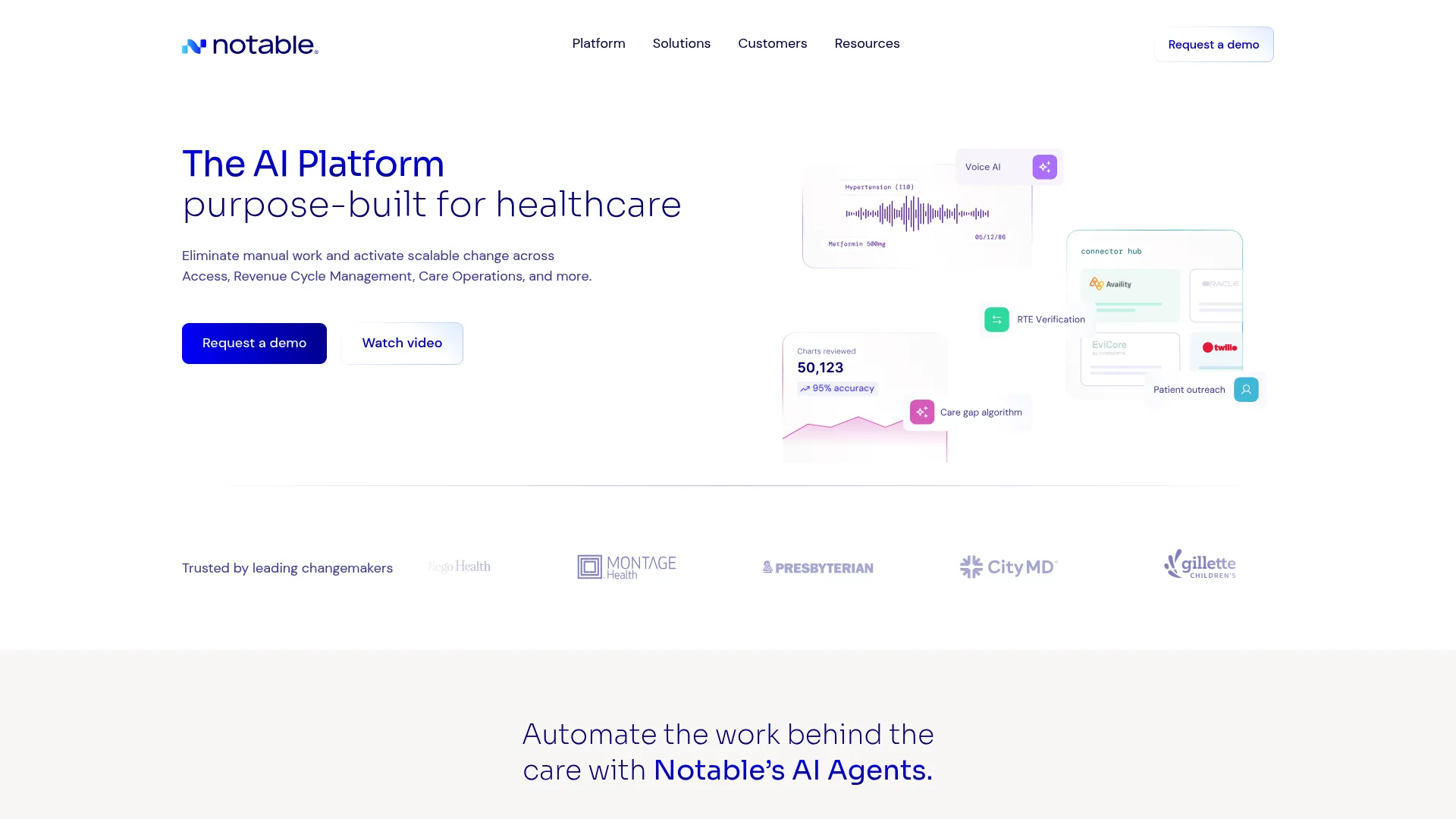 Notable AI healthcare automation platform homepage