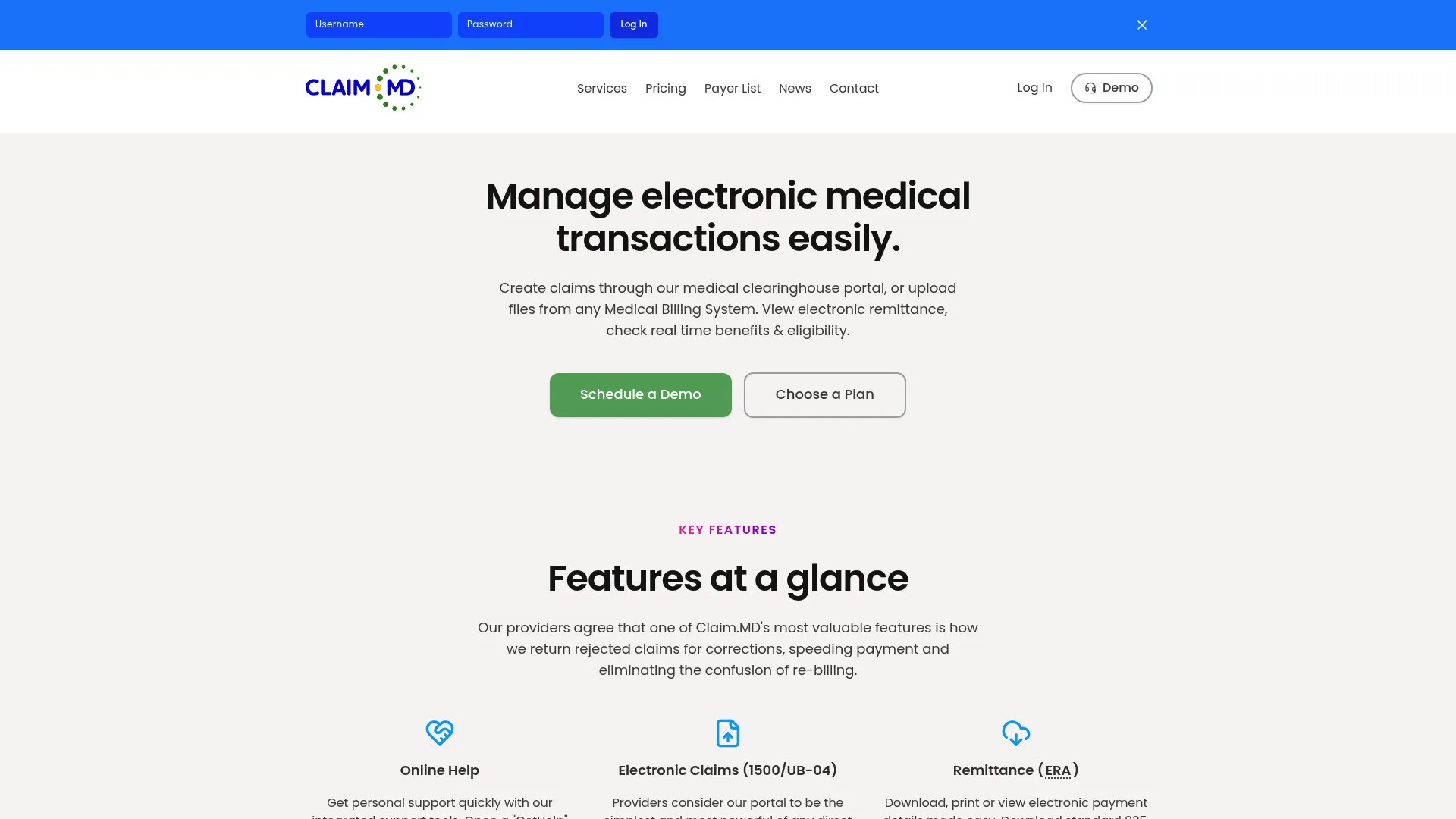 Claim.MD healthcare claims clearinghouse homepage