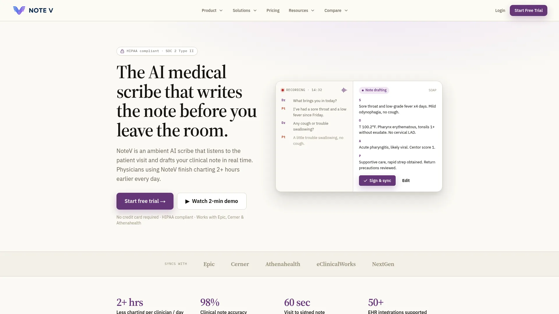 NoteV AI medical scribe homepage