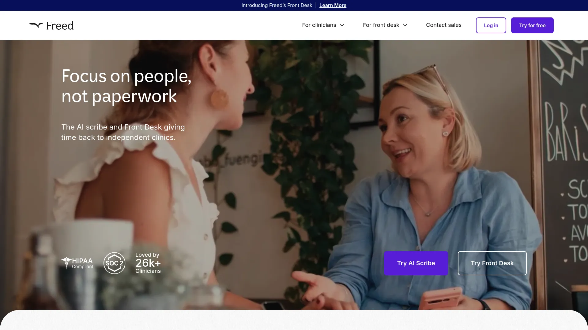 Freed AI scribe for clinicians homepage
