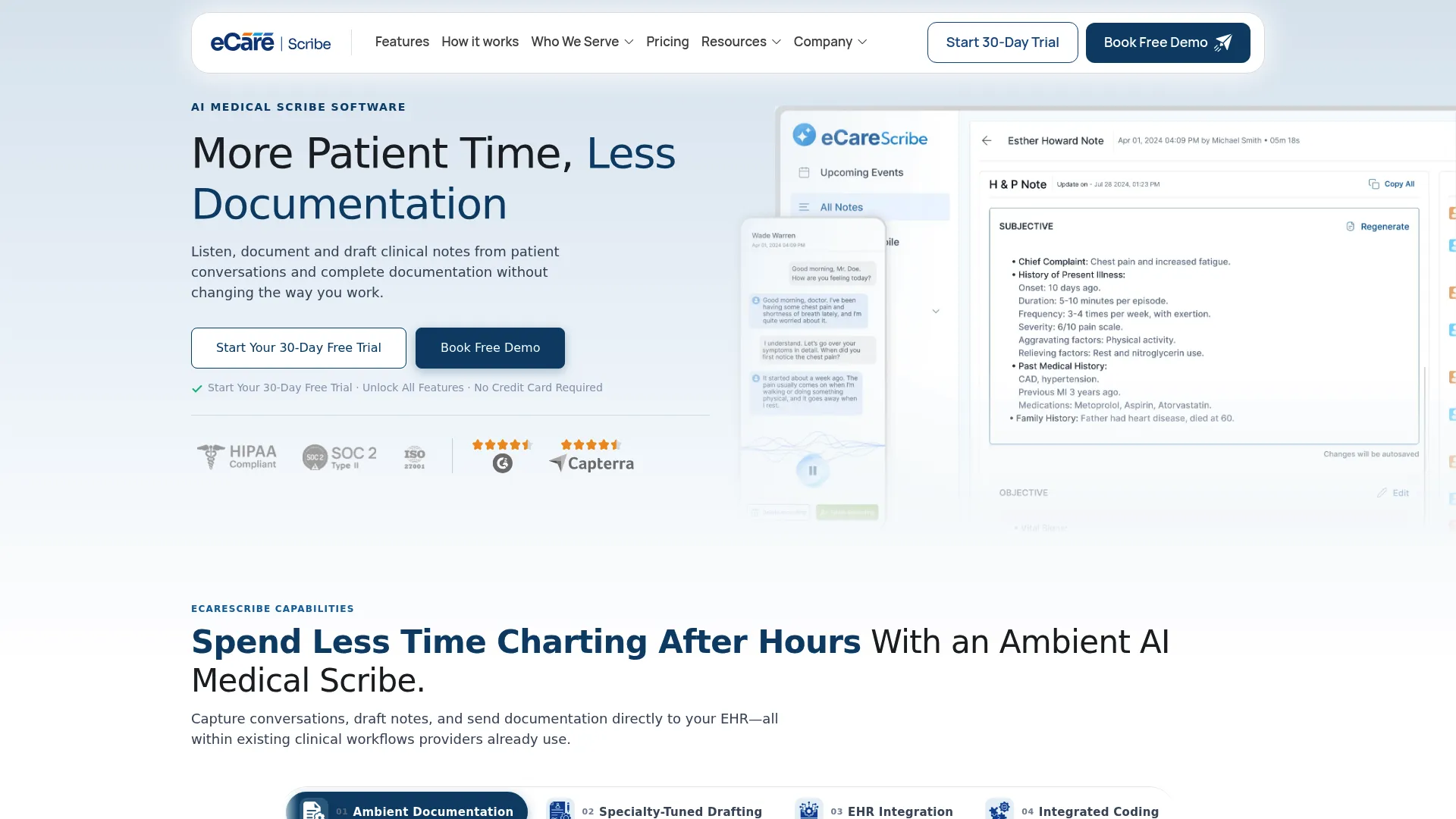 eCareScribe AI medical scribe homepage